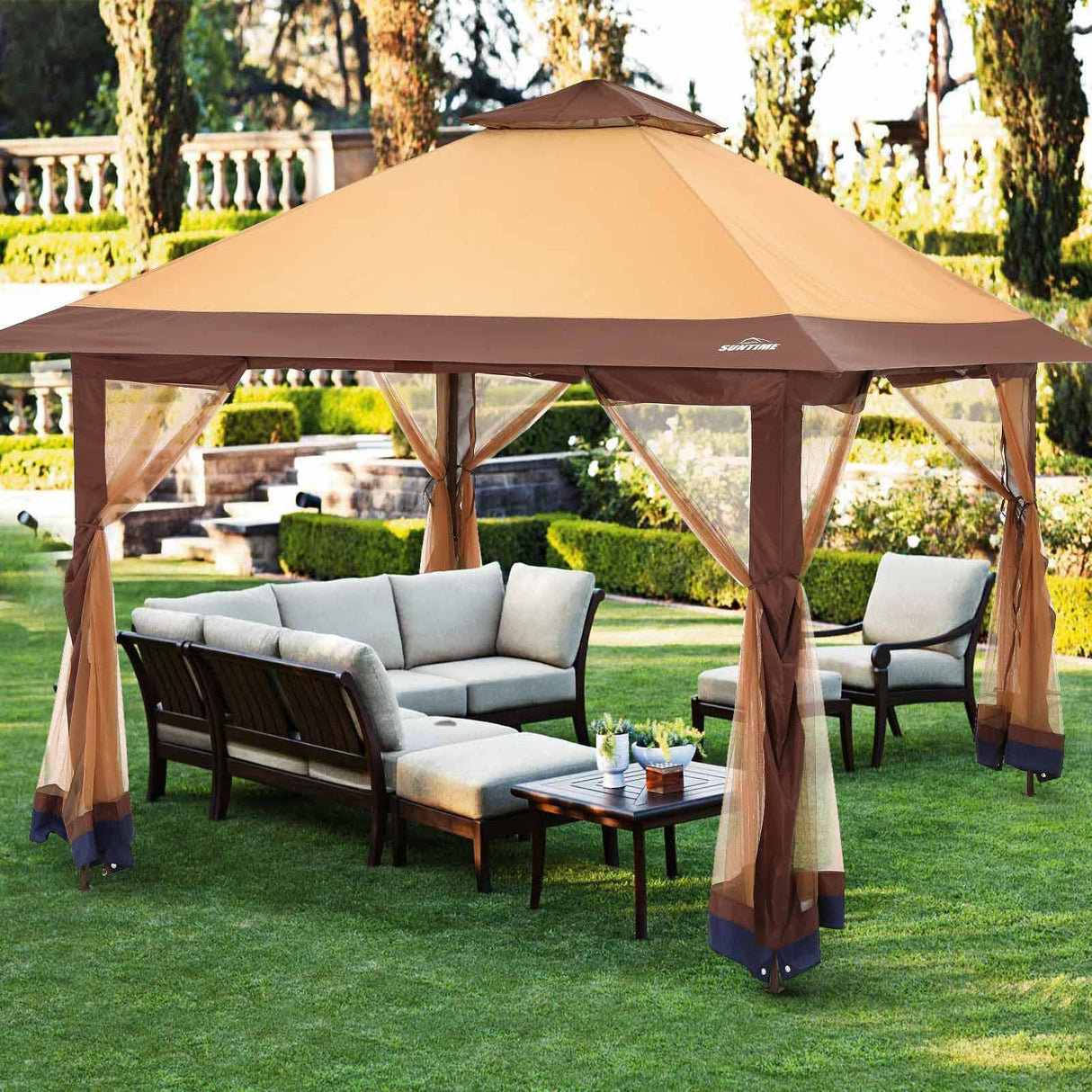 OUTDOOR LIVING SUNTIME Instant Pop Up Patio Gazebo with Full Netting for Family Parties and Outdoor Activities(Netting Sidewalls) OUTDOOR LIVING SUNTIME