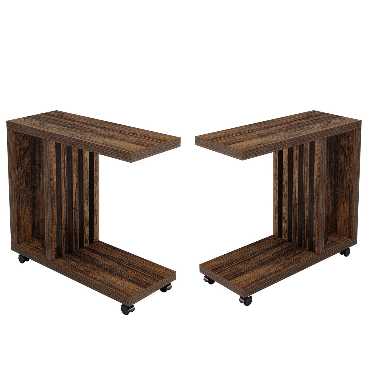 Tribesigns C-Shaped End Table, 2-Tier Side Table for Couch and Bed, Small Couch Table with Lockable Wheels, Wood Bedside Table for Living Room, Bedroom, Set of 2, Rustic Brown Tribesigns