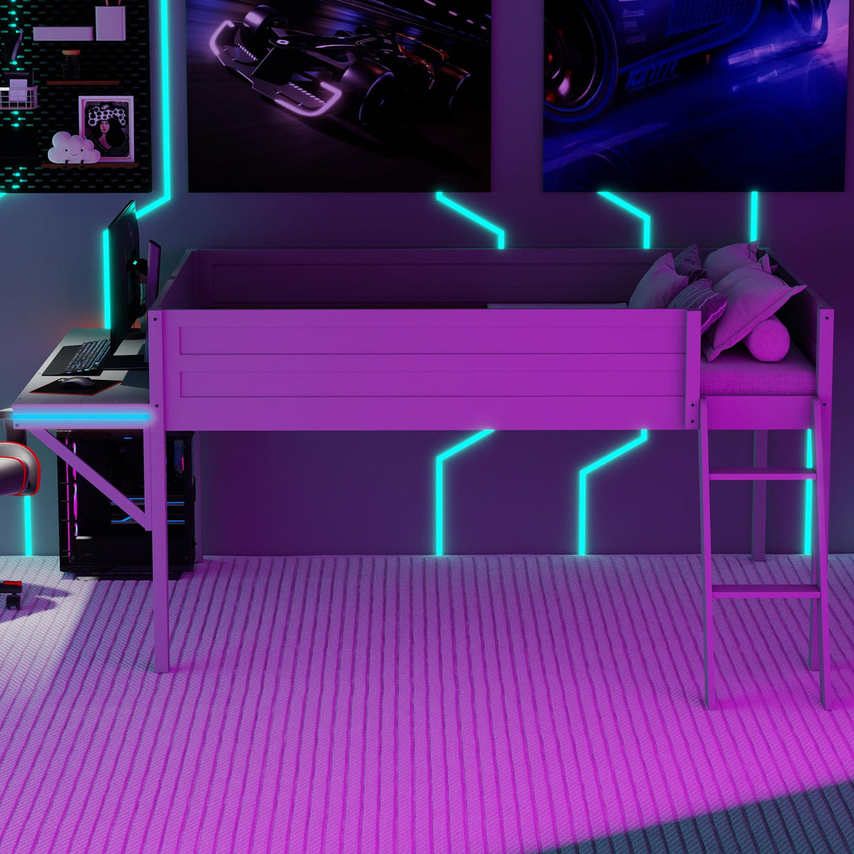 Full Size Wood Loft Bed with Desk and LED, Gaming Loft Bed Frame with Ladder, Grey MaiDeHaoo