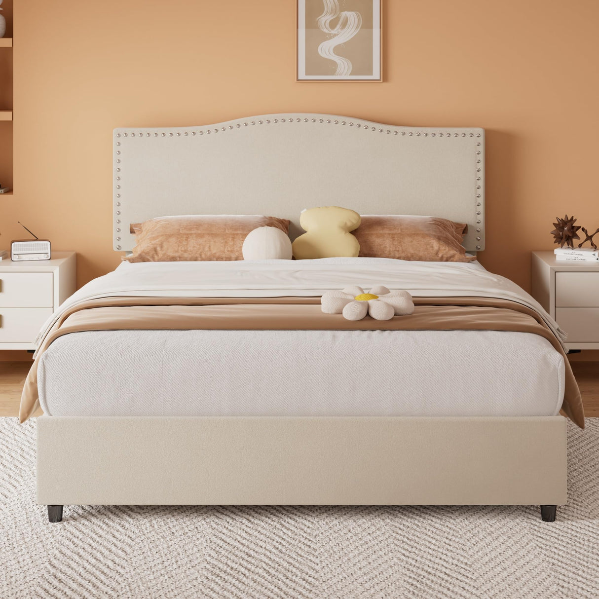 VECELO Queen Bed Frame, Platform Bed Frame with Underbed Storage Drawers and Adjustable Height Upholstered Headboard, Heavy-Duty Frame and Strong Wooden Slats Support, Noise-Free, Easy Assembly, Beige VECELO