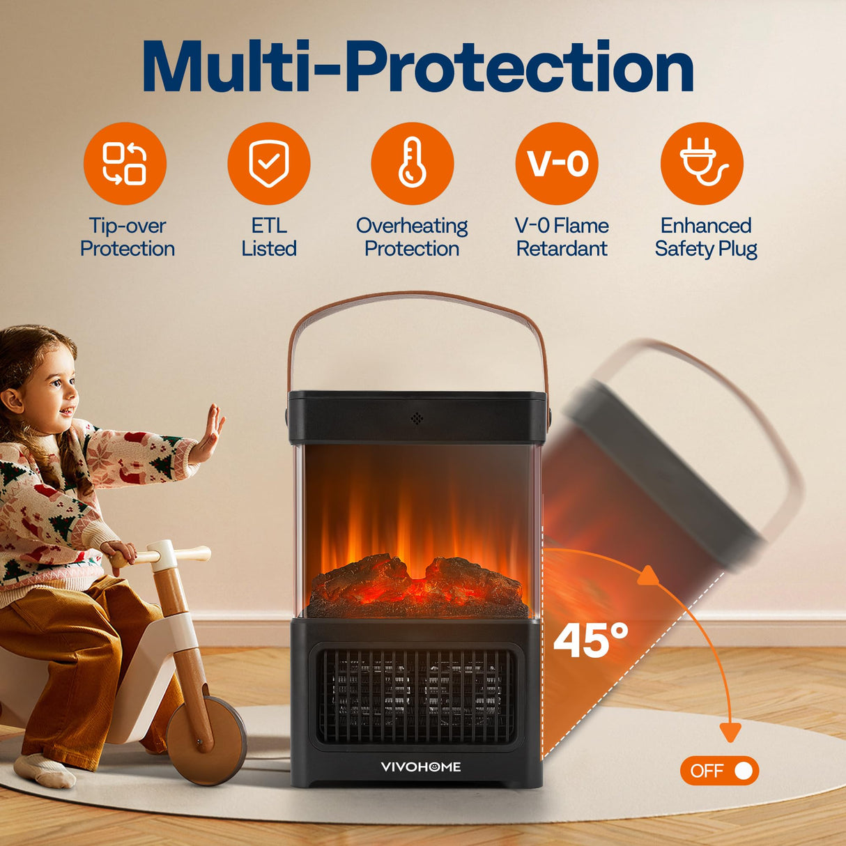 VIVOHOME Portable Electric Fireplace Heater with Realistic Logs and Flame Effect, Freestanding Space Heater with Touch Control and Remote, Mini Fireplace with Timer, Overheat Protection VIVOHOME