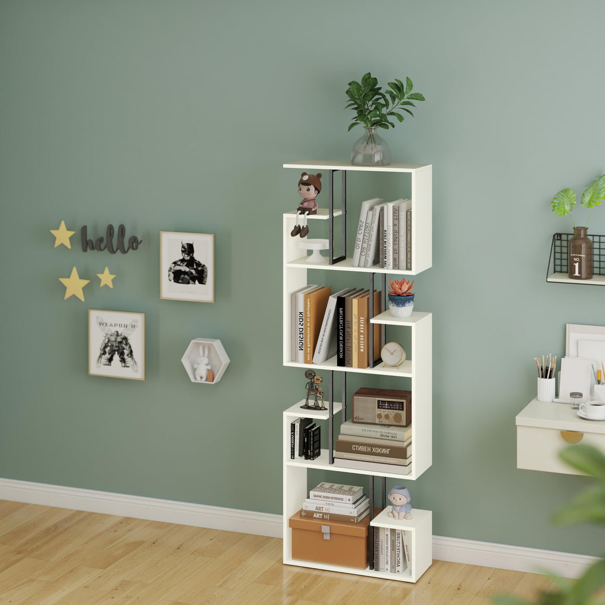 Manora 4 Tier Geometric Bookcase, S Shaped Bookshelf, Modern White Bookcase with Tall Display Shelves, Decorative Storage Shelf for Living Room and Bedroom Manora