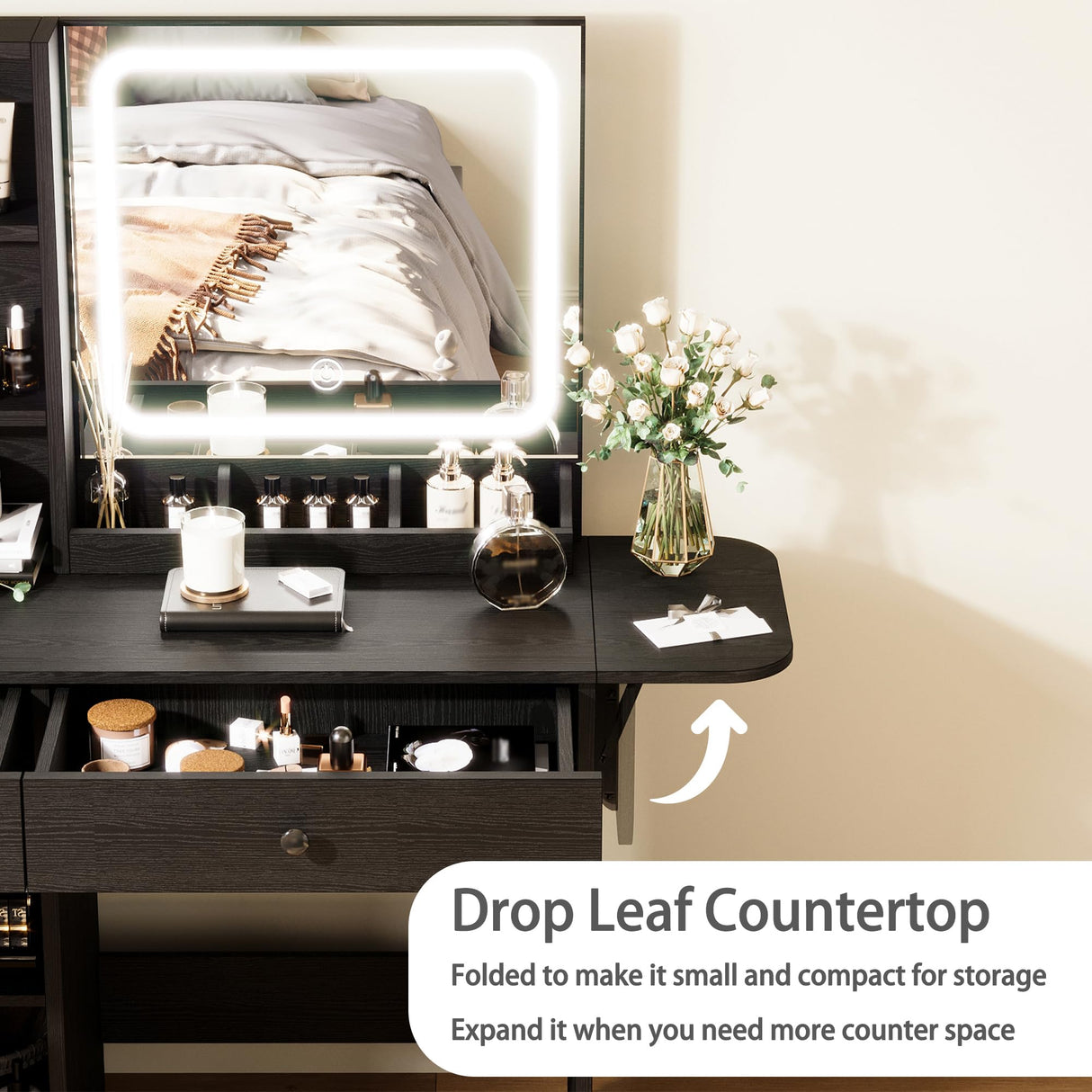 IRONCK Vanity Desk with LED Lighted Mirror & Power Outlet, Makeup Table with Drawers & Cabinet,Storage Stool,for Bedroom, Black IRONCK