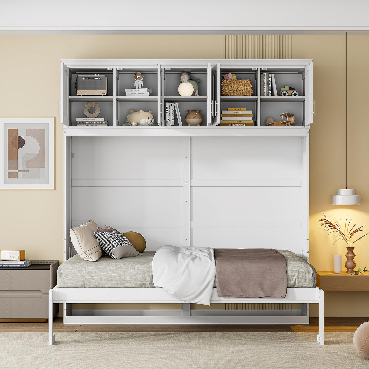 Merax Modern Farmhouse Solid Wood Murphy Bed Chest with Top Cabinets, Tall Wall Platform Bed Space Saving/Wood Slat Support Full,White Merax