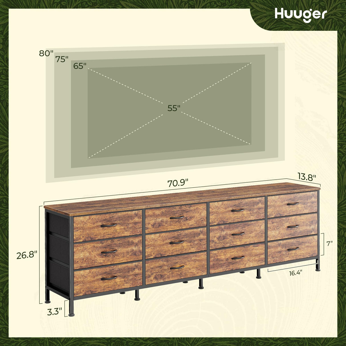 Huuger 70 Inch Dresser for Bedroom, TV Stand for 65, 75, 80 Inch TV, 12 Drawer Long Dresser, Large Dresser for Bedroom, Wide Chest of Drawer with Storage, Fabric Drawer for Living Room, Rustic Brown Huuger