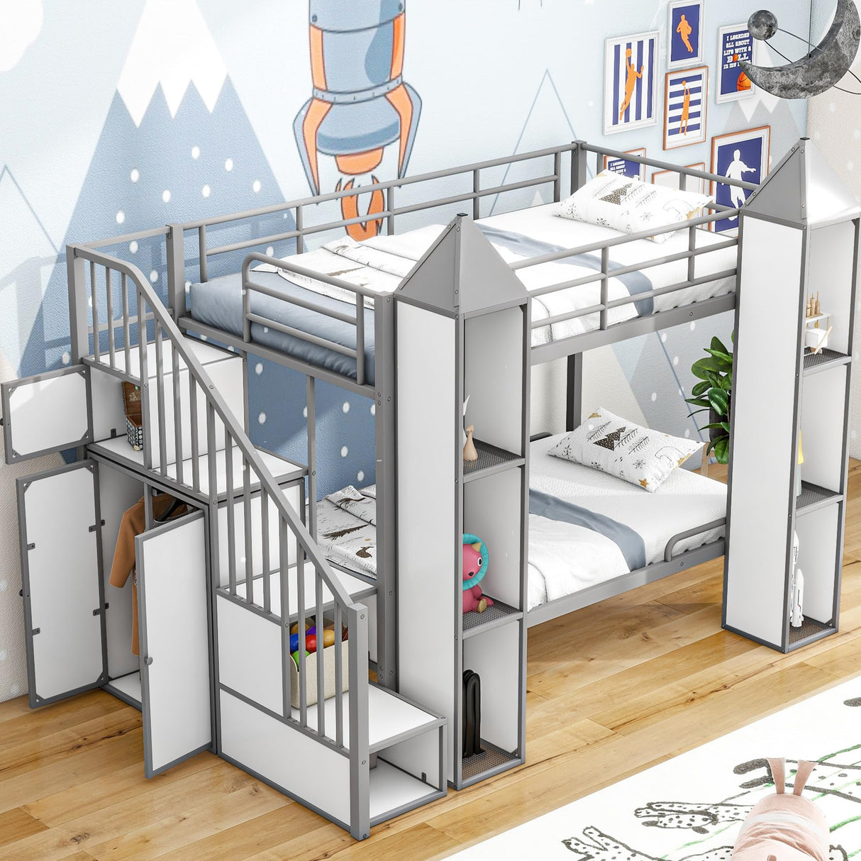 Harper & Bright Designs Twin Over Twin Metal Bunk Bed with Stairs and Storage Wardrobe, Castle-Shaped Bunk Bed Heavy-Duty Steel Frame, Noise Free,for Kids Teens Adults, Gray+White Harper & Bright Designs