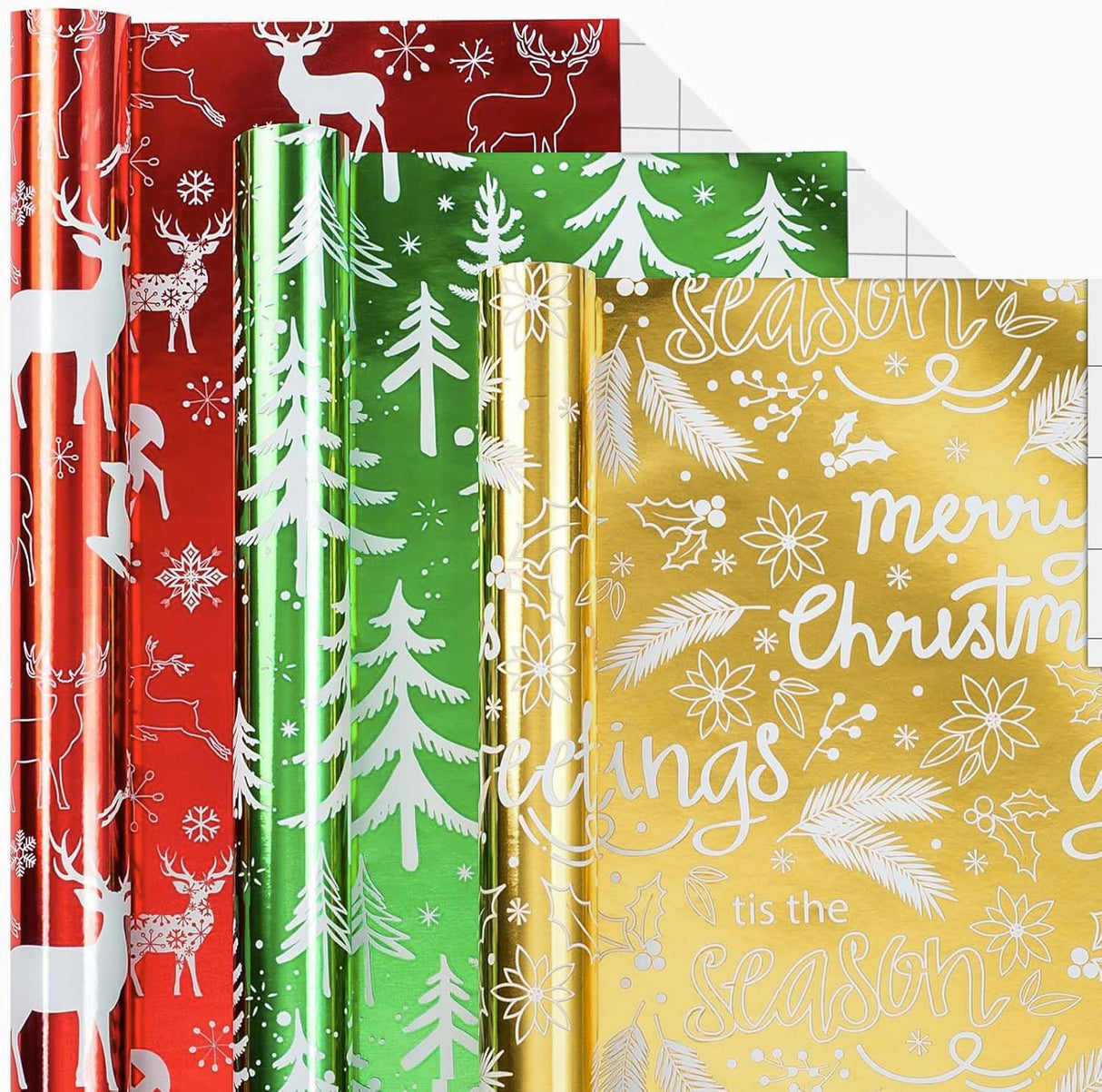 Merture 3 Rolls Christmas Wrapping Paper Set - 17 inch x 120 inch per Roll - Red, Green, Gold Metallic Gift Wrap With Reindeer, Christmas Tree, Snowflake, Dahlia Design Merture