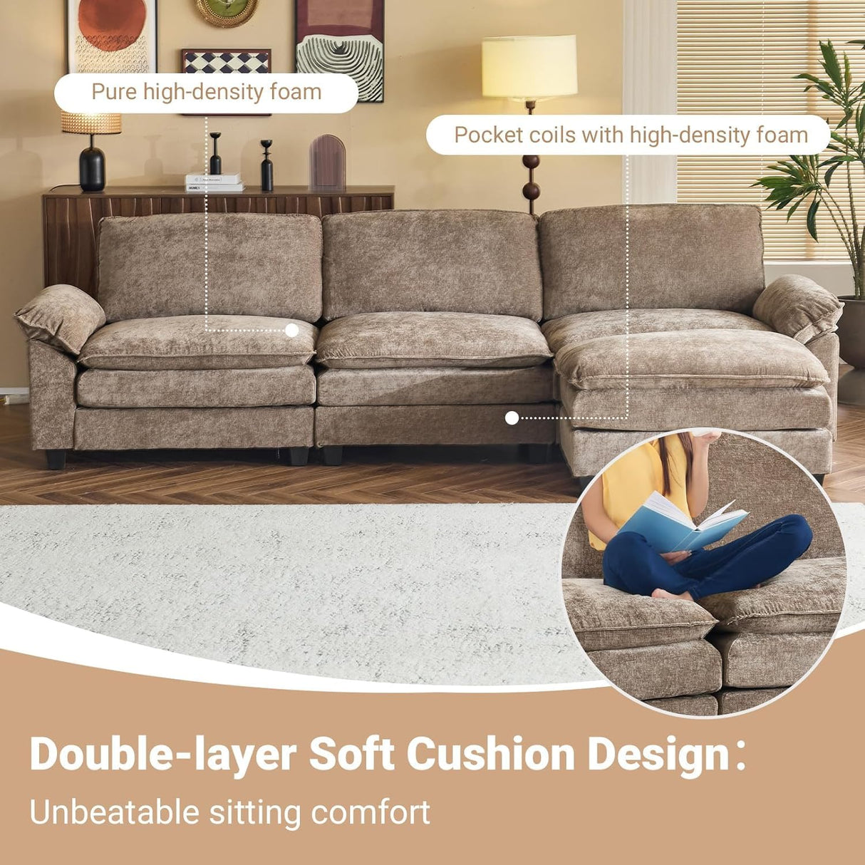 VINGLI Convertible Modular Sectional Sofa with Deep Seat & Movable 2-Layer Ottoman, L-shape Cloud Sofa with Chaise &Armrests, Oversized 3-Seater Couch for Living Room & Apartment, Chenille,Light-Brown VINGLI