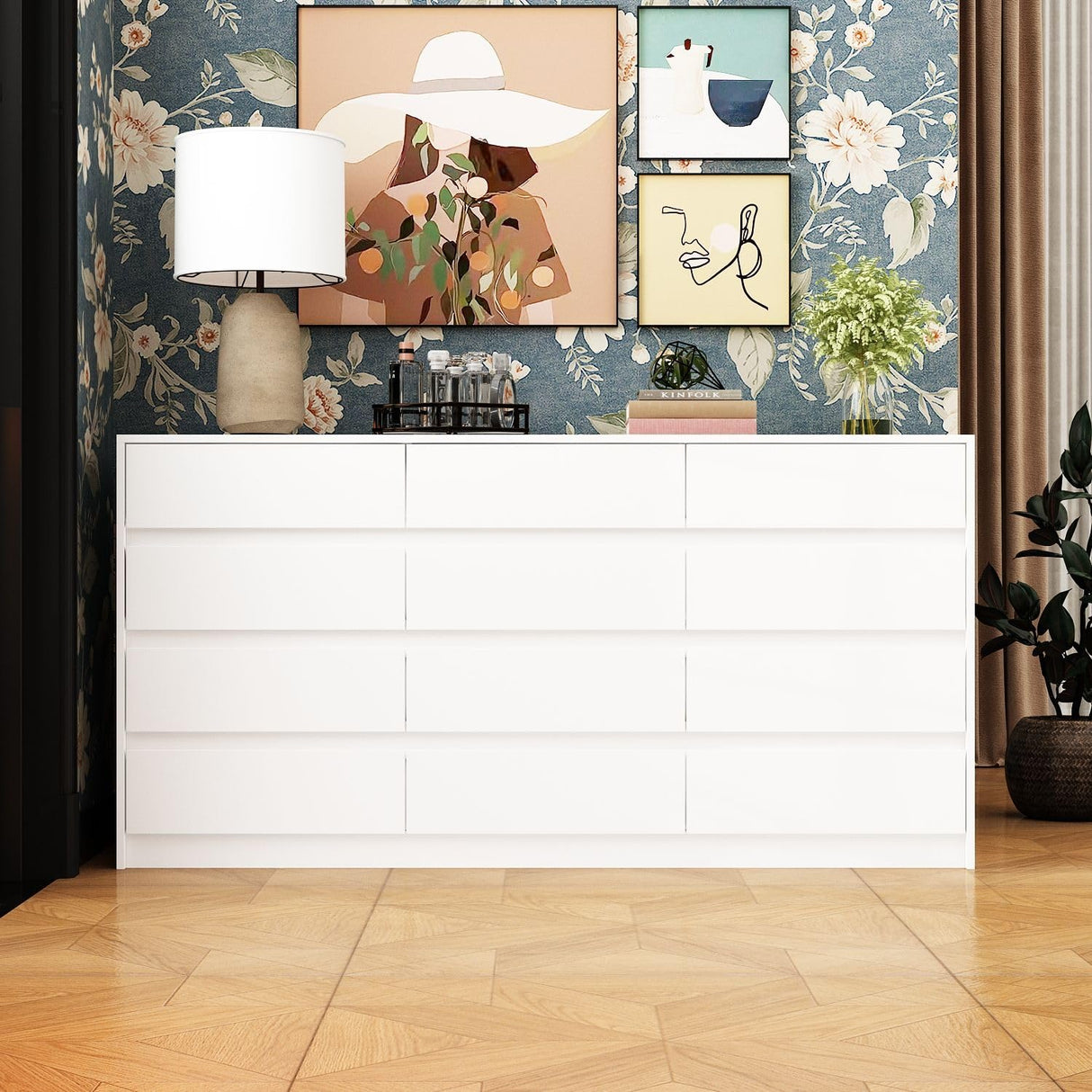 FAMAPY Chest of Drawers White 12 Drawer Dresser No Handle, Modern Contemporary 12-Drawer Cabinet Dresser for Bedroom (63" W x 15.7" D x 31.9" H) FAMAPY