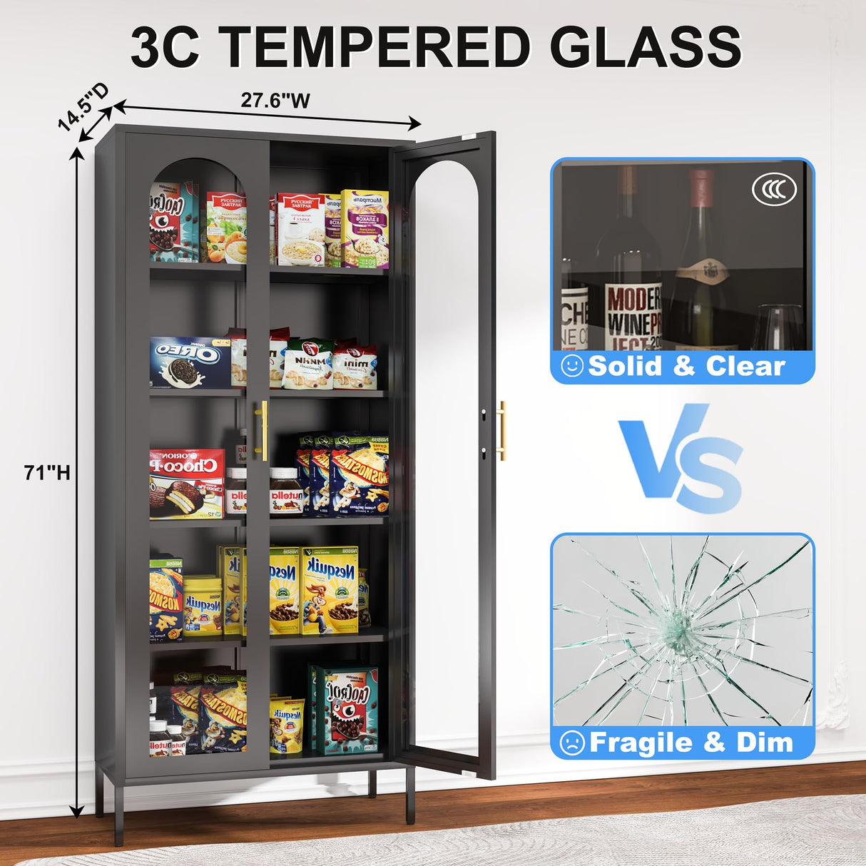 RGGCABINET Display Cabinet, Metal Curio Cabinets with Glass Doors, Black Kitchen Pantry Cabinet, 71" Tall Storage Cabinet with Adjustable Shelves, Lego Glass Cabinet for Dining Room, Home Office RGGCABINET
