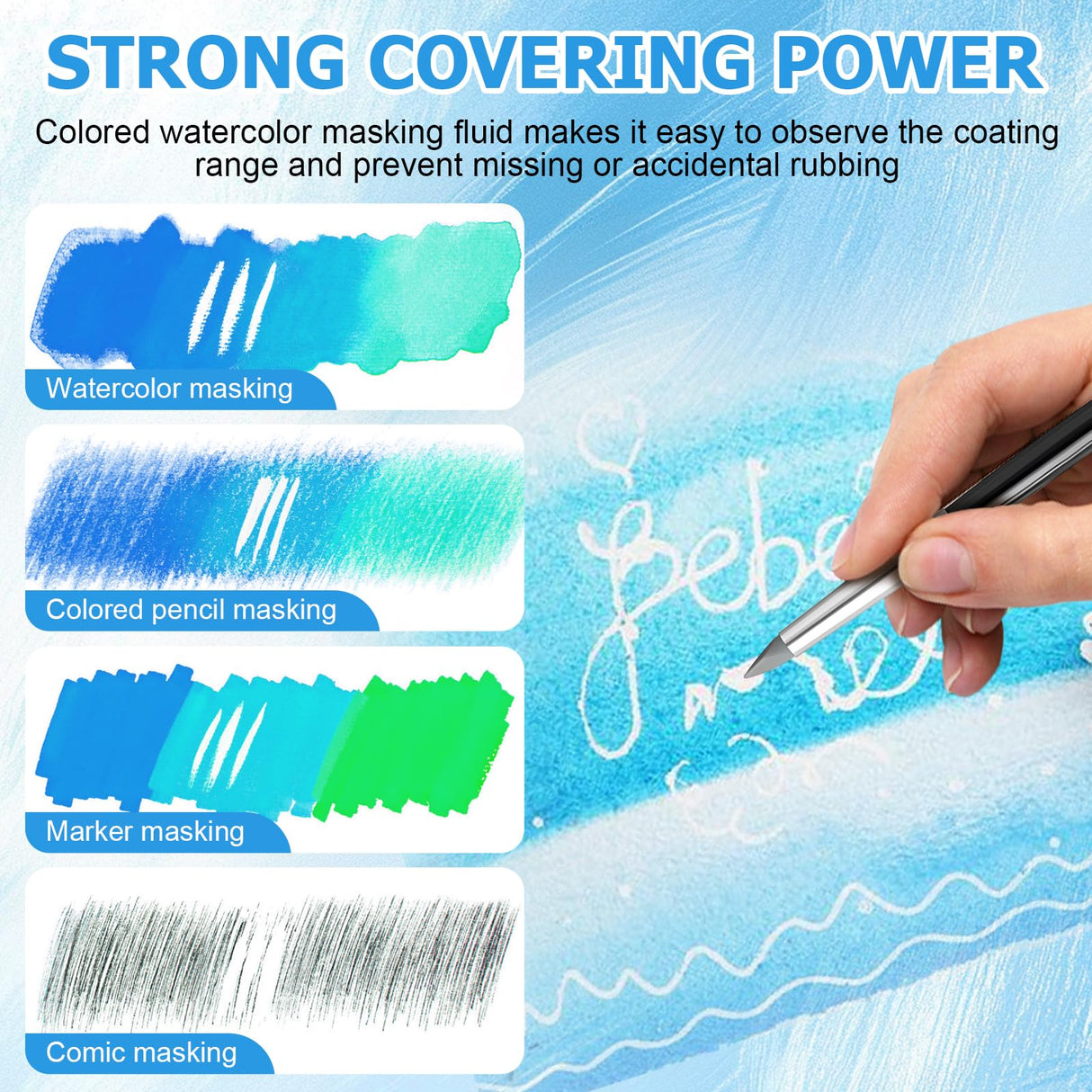 WANJAO Masking Fluid for Watercolor Painting, Liquid Masking Tape with Silicone Pens Cleaning Brush for Painting Fast Drying Easy Peel Use to Art Watercolor Supplies Retouching Covering, 30ml White WANJAO