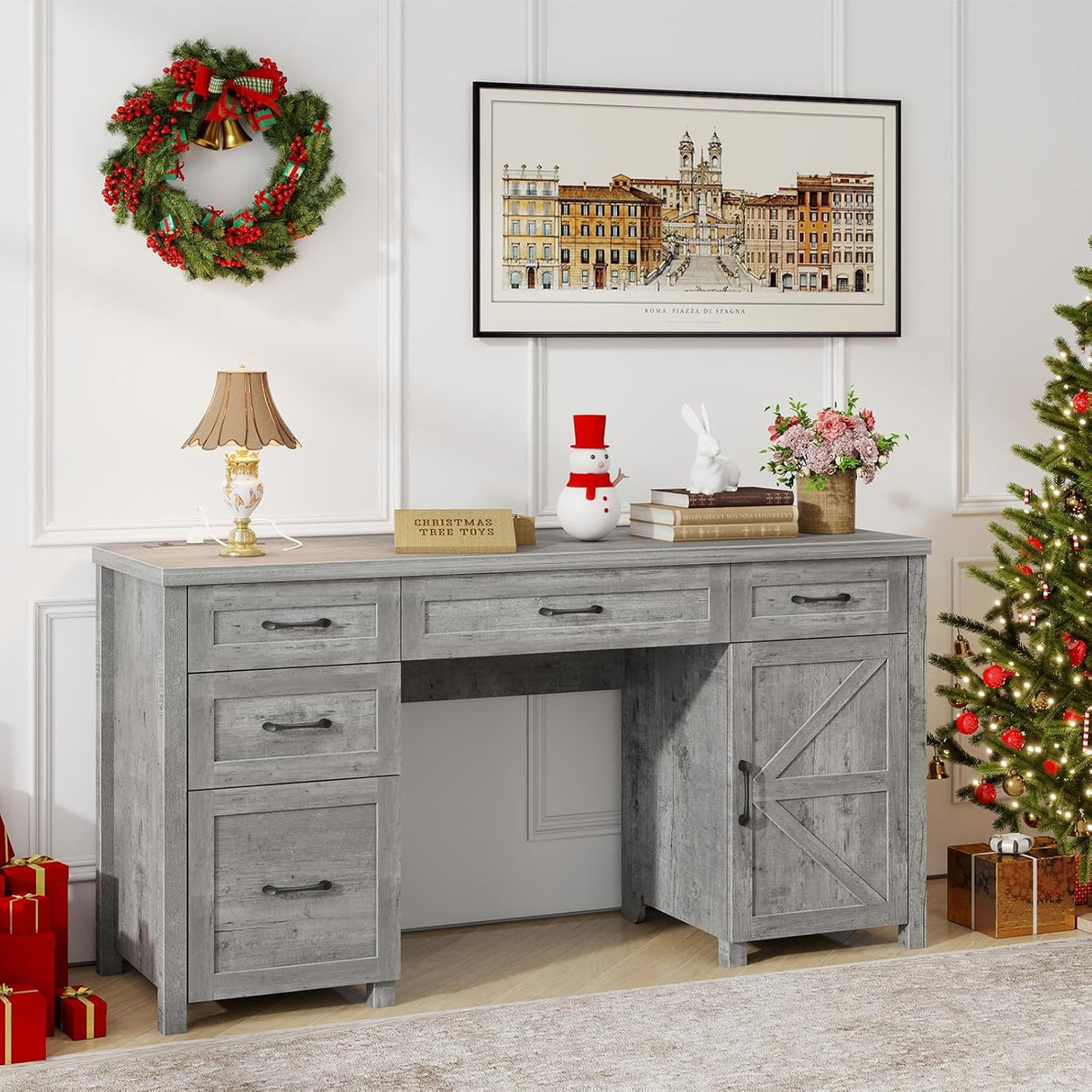 Farmhouse 61'' Executive Desk with 5 Drawers, Rustic Office Desk Computer Desk with Charging Station, File Drawers and Storage Cabinet, Wood Workstation for Home Office and Study,Grey. Vabches