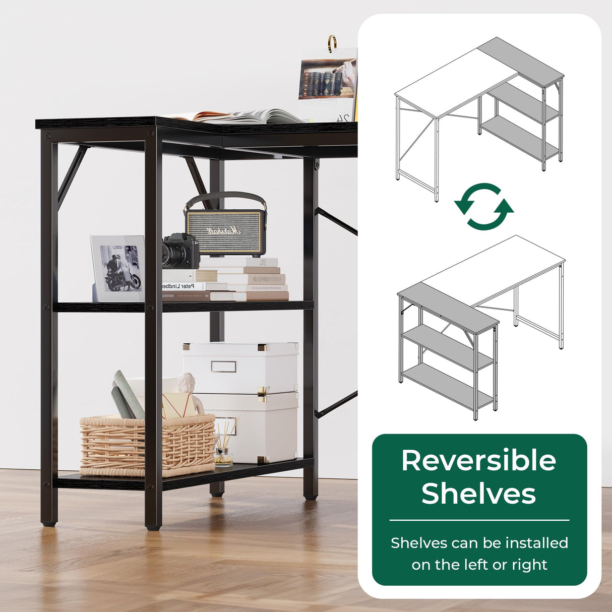 Huuger L Shaped Desk, 39 Inches Computer Desk with Reversible Storage Shelves, Gaming Desk, Corner Desk Home Office Desks, Writing Desk Study Desk with Metal Frame, Black Huuger