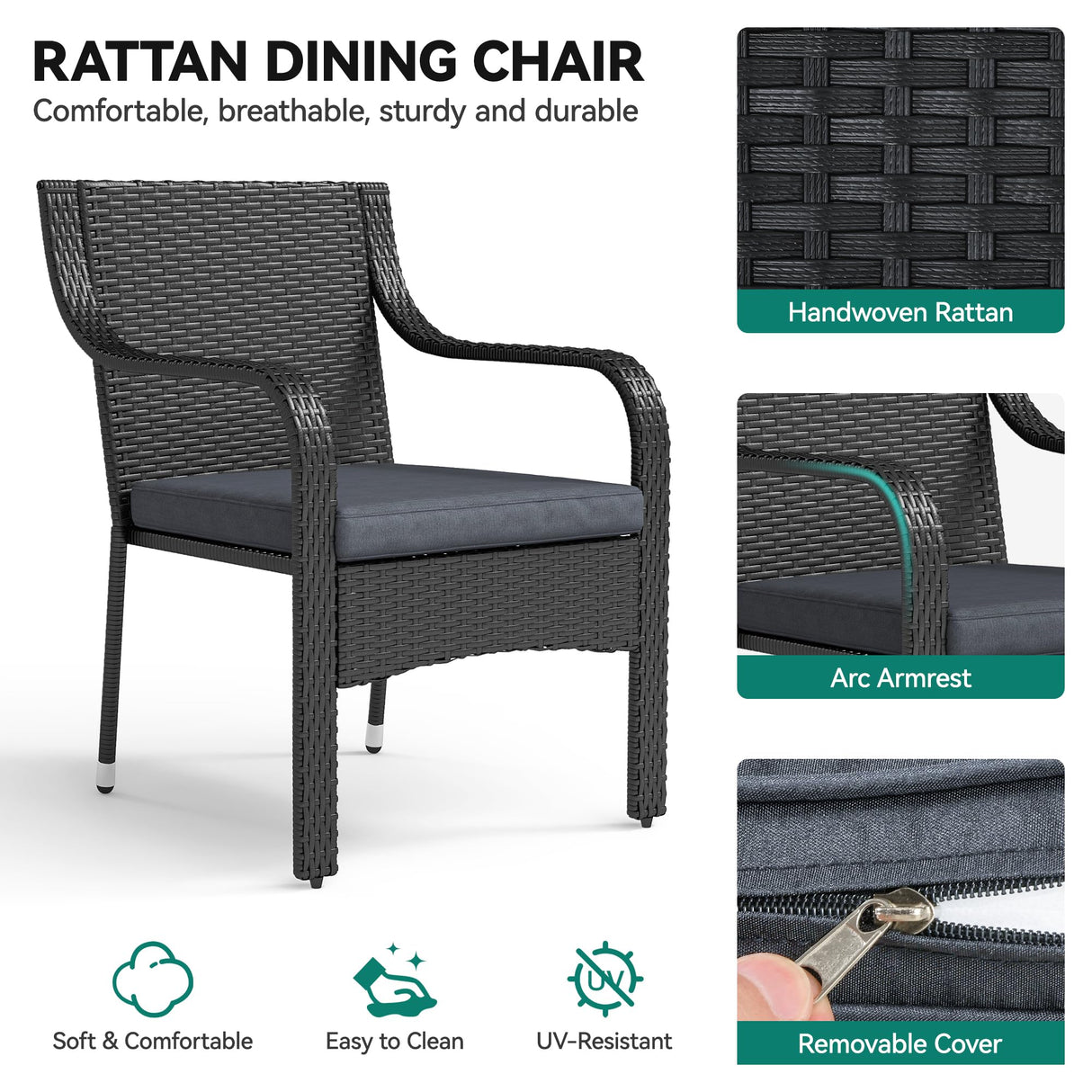 YITAHOME 5-Piece Patio Dining Set, Outdoor Wicker Conversation Furniture with Wooden Tabletop and Cushions, Wicker Square Dining Sets for Lawn Garden Backyard Deck YITAHOME