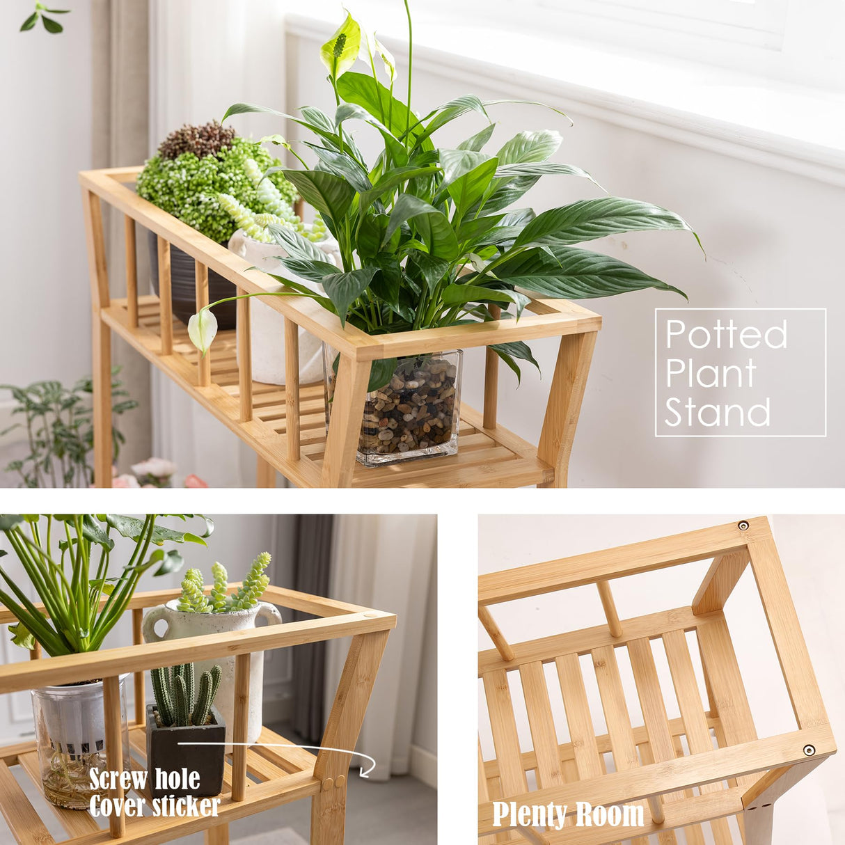 Nnewvante Plant Stand Indoor Bamboo Potted Plant Shelf Table 2 Tier Tall Window-sill Pot Organizer Holder, Sofa Side Entryway Table for Living Room 37.4"x11" Nnewvante