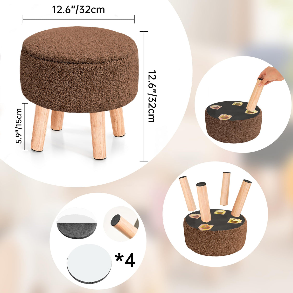 Poofzy Ottoman with Storage, Storage Ottoman, Small Foot Stool Ottoman with Wood Legs, Teddy Velvet Foot Rest for Couch, Living Room and Bedroom - Brown Poofzy