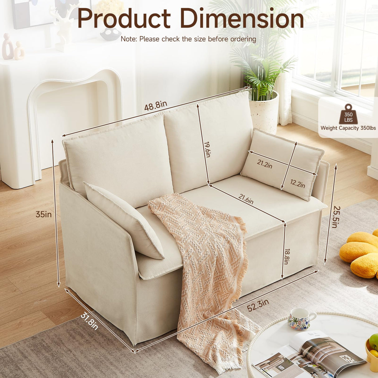 Sivoey Slipcovered Loveseat Sofa, 52" Small Couch with Throw Pillows, Single Seat Cushion, Easy Assembly, Modern Loveseat Sofa for Living Room, Office, Apartment, Small Space, Beige Sivoey