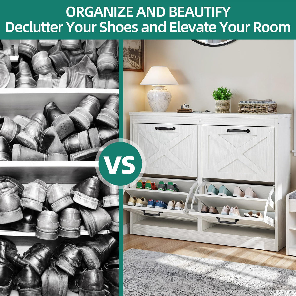 YITAHOME Shoe Cabinet with 4 Flip Drawers, Freestanding Shoe Rack, Shoe Organizer, Narrow Shoe Cabinet for EntryWay Hallway Living Room, White YITAHOME