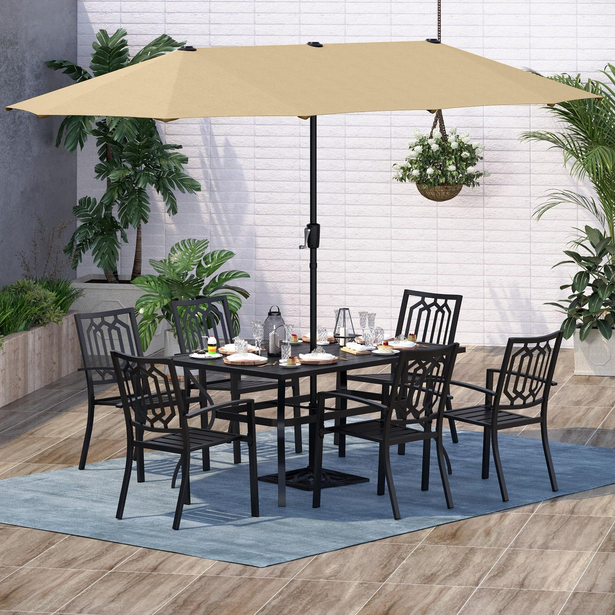 Sophia and William Patio Dining Set for 6 with 13ft Double-Sided Patio Umbrella, 8 Piece Metal Outdoor Table Furniture Set, 6 Outdoor Chairs, 1 Rectangle Dining Table and 1 Large Beige Umbrella Sophia & William