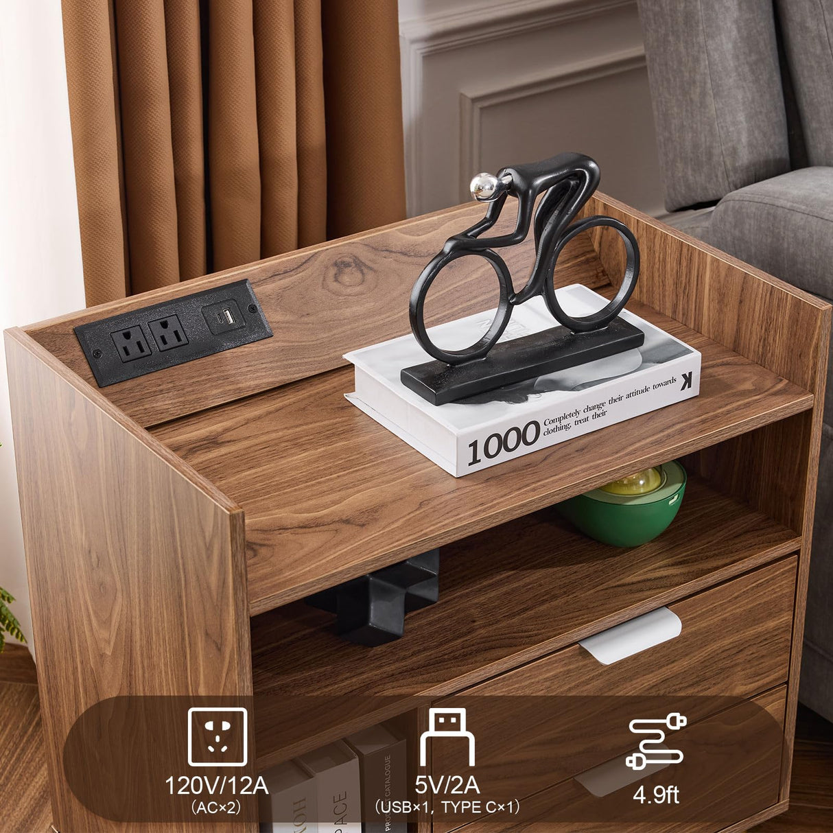 Mellolivin Nightstand with Charging Station,LED Night Stand with Drawers, Mid Century Modern Nightstand, Large Bedside Table, End Table for Bedroom Mellolivin