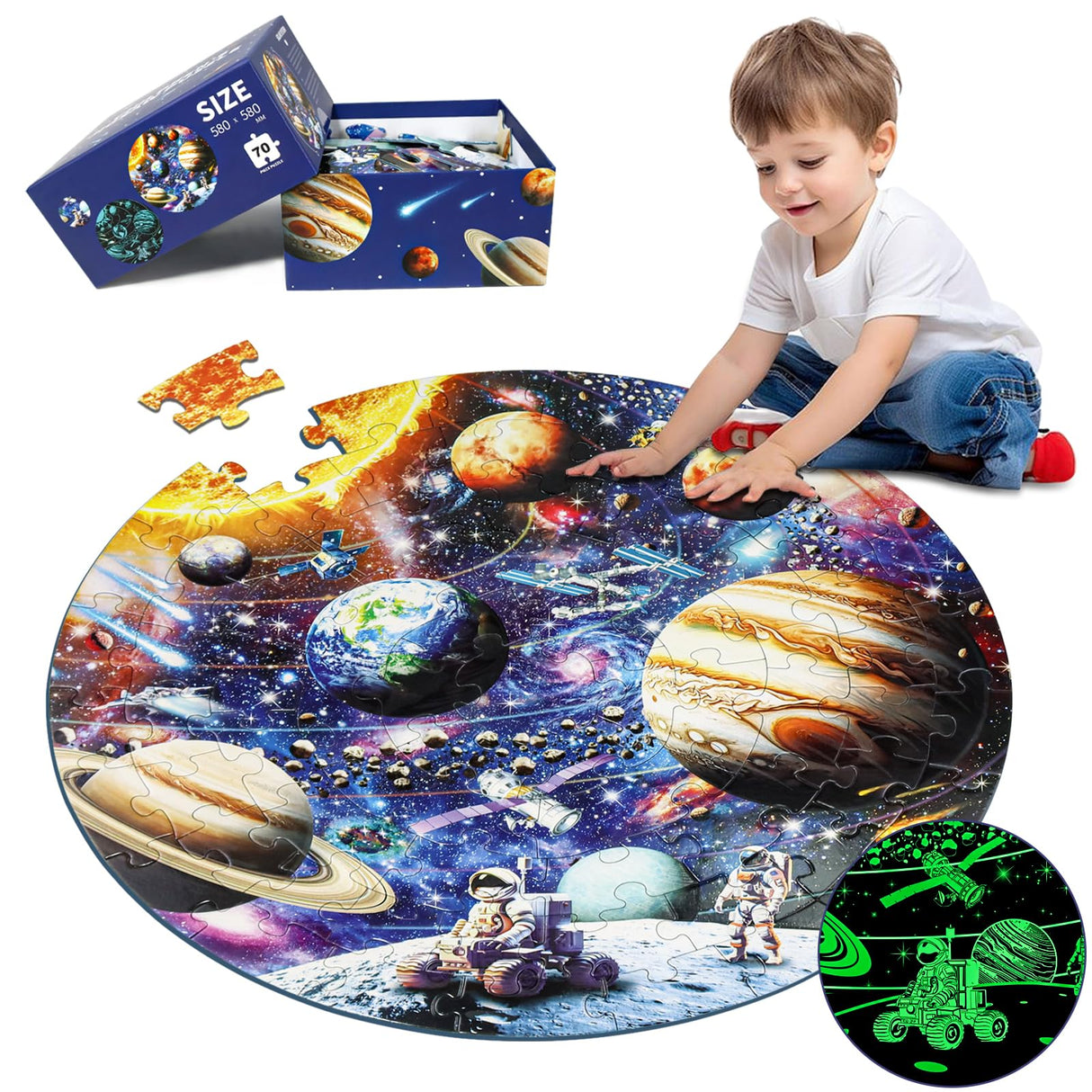 DIGOBAY Glow in The Dark Solar System Jigsaw Puzzles for Kids Ages 4-8, 70 Pieces Kids Space Planet Floor Puzzle Toys Ages 8-10, Large Round Educational Puzzle Toys Gifts for Boys Girls Children DIGOBAY