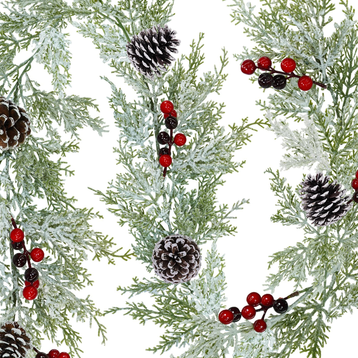Winlyn Artificial Snowy Christmas Cedar Garland with Pine Cones and Red Berries Lush Christmas Greenery Garland 6' Long Christmas Wedding Winter Holiday Table Runner Centerpiece Seasonal Decoration Winlyn