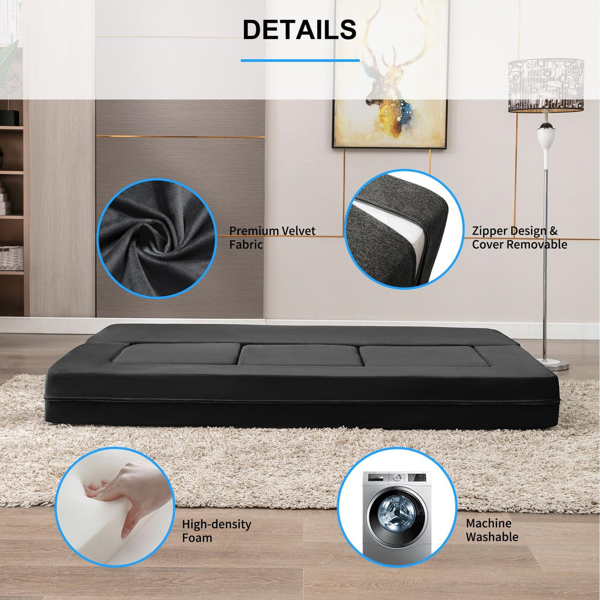 PUREMIND 10 Inch Folding Sofa Bed, Velvet Convertible Floor Sleeper Sofa with 3 Ottomans, Upholstered 2-in-1 Fold Out Couch Bed Queen Size Guest Bed Foldable Mattress for Living Room, Office PUREMIND