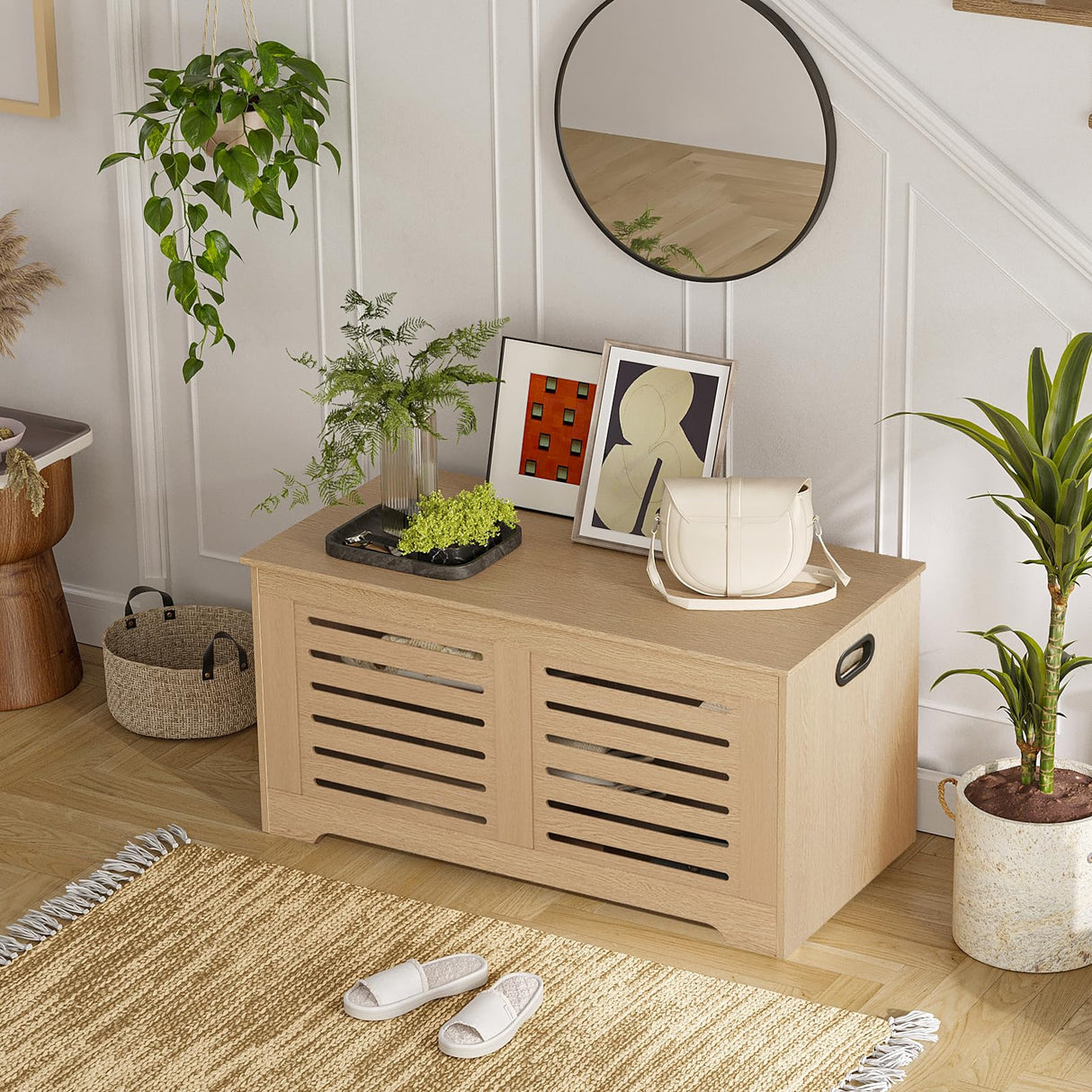 DINZI LVJ Storage Chest, 39.4”Wooden Storage Box with 2 Safety Hinges, Entryway Shoe Bench with Flip-Top, Farmhouse Style Trunk for Living Room, Bedroom, Play Room, Easy Assembly, Natural DINZI LVJ