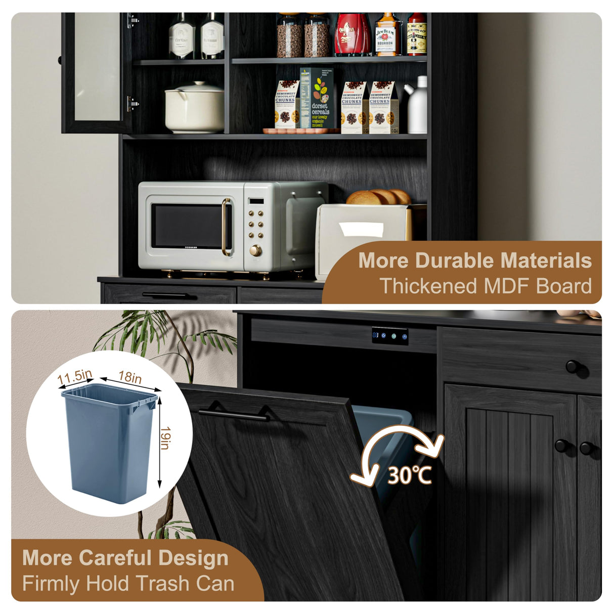 UpWiew Tilt Out Cabinet with Deodorising Function, Freestanding Kitchen Pantry Fits 10-Gallon Trash Can, Kitchen Hutch Cabinet with Microwave Shelf, Tall Storage Cabinet, Black UpWiew