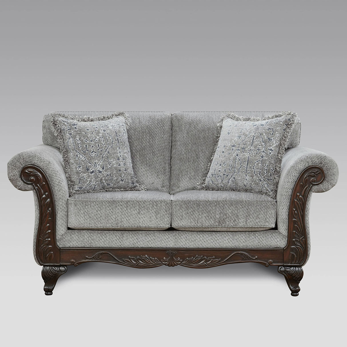 Roundhill Furniture Hernen Carved Wood Frame Sofa and Loveseat Set, Gray Roundhill Furniture