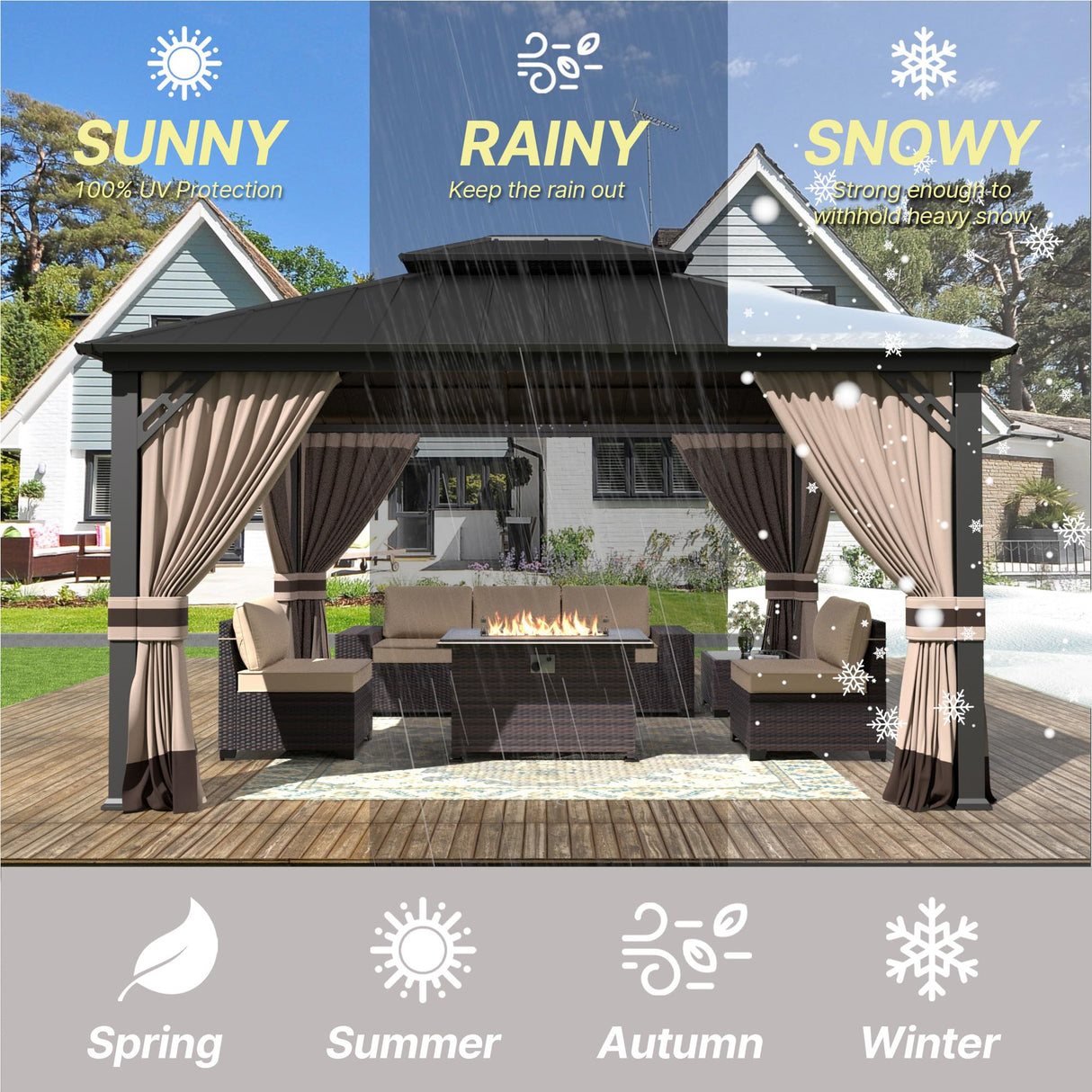 Gotland 2024 New 12' x 16' Hardtop Gazebo, Outdoor Iron Metal Double Roof Pergola with Curtains and Netting for Patio, Garden, Lawn, Khaki Gotland