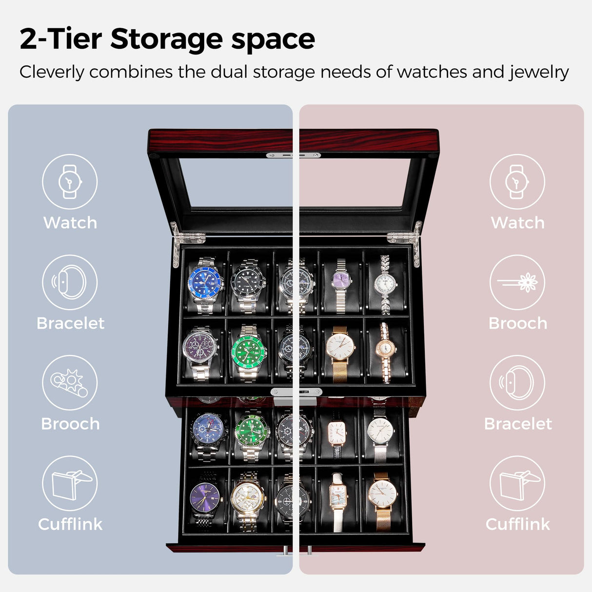 ANWBROAD 20 Slot Watch Box for Men and Women - 2-Tier Display Case With Large Glass Lid, Lockable Wooden Organizer, Luxurious Holder UJWB002Y ANWBROAD