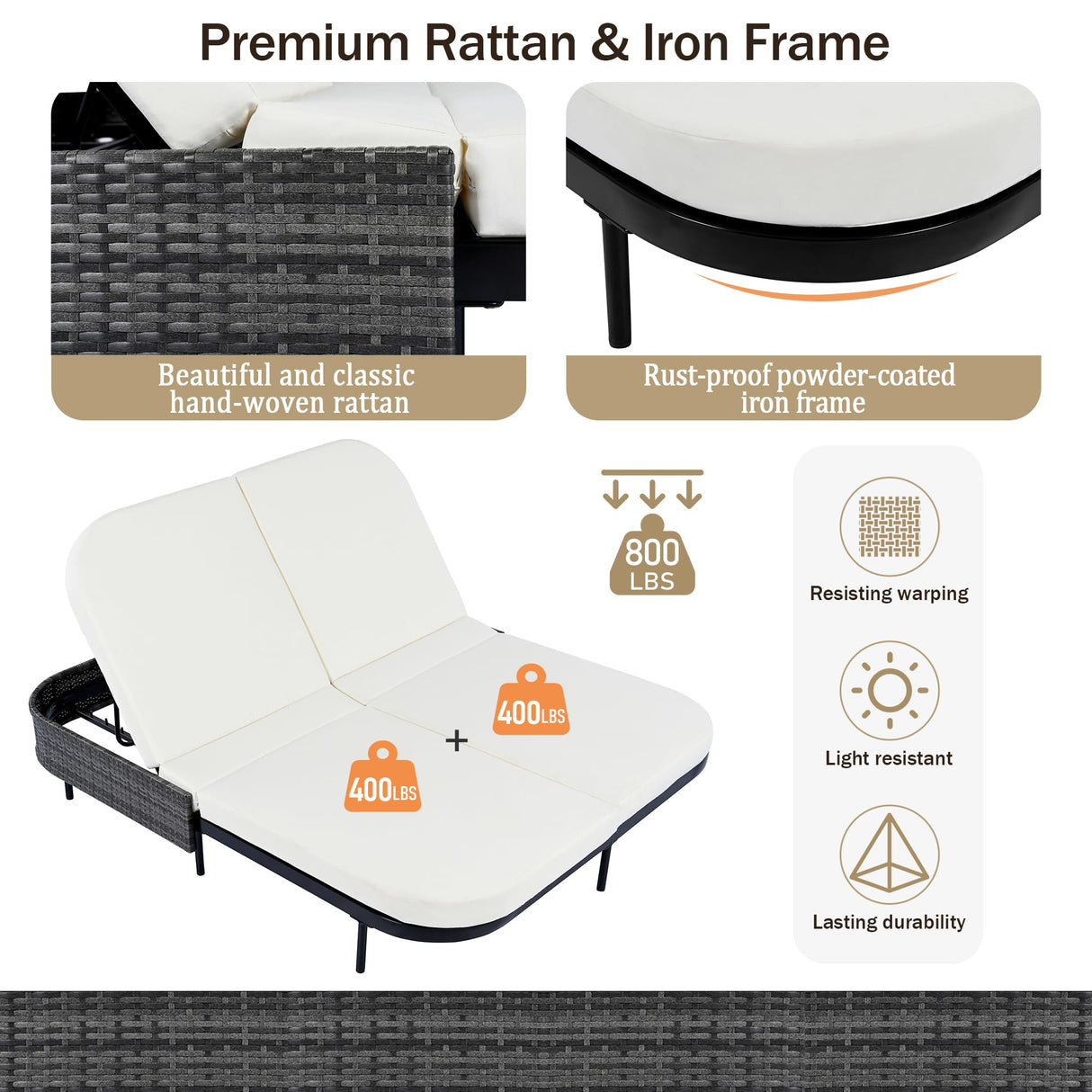 Merax Outdoor Daybed,Patio Rattan Daybed with Adjustable Backrest,Patio Wicker Loveseat Lounger,Outdoor Bed Loveseat Sofa Set with Pillows and Cushions for Garden, Backyard, Poolside,Black+Beige Merax