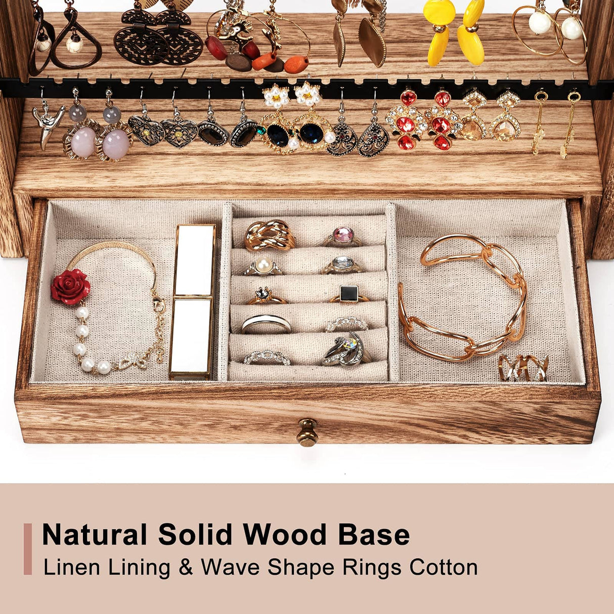 Pinzoveco Earring Organizer, 5 Layer Earring Holder Organizer with Necklace Holder Pole, Rustic Wood Jewelry Organizer Stand Display for Stud Earring Bracelet Necklace Ring, 175 Earring Holes Pinzoveco