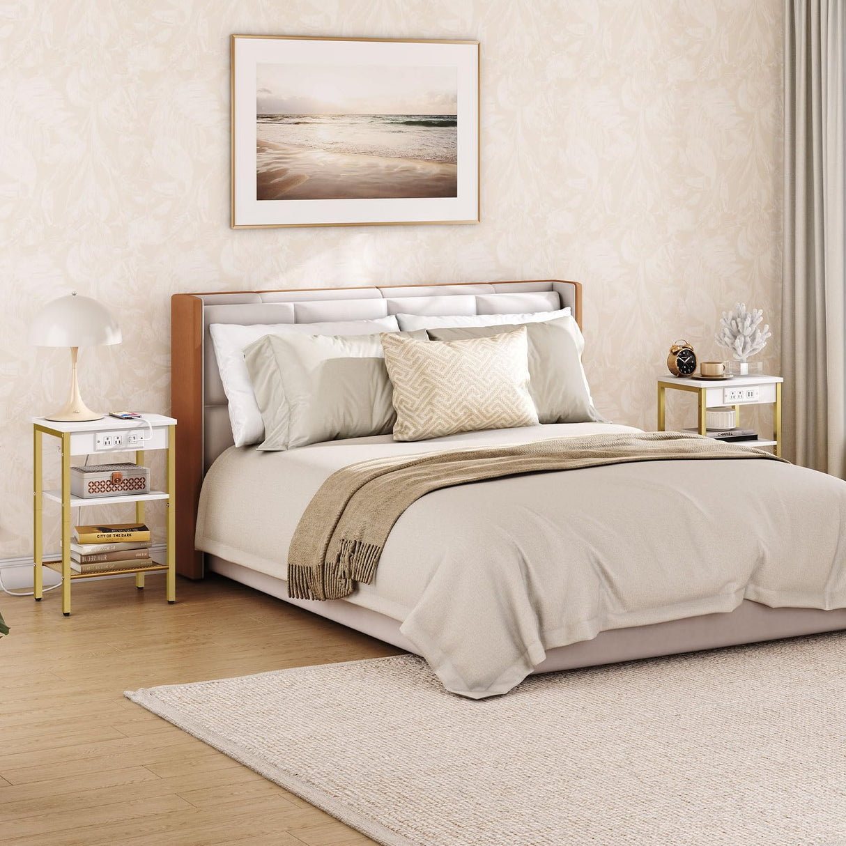 HOOBRO End Tables Set of 2 with Charging Station and USB Ports, 3-Tier Nightstands with Adjustable Shelves, Small Side Tables for Small Space in Living Room, Bedroom, White and Gold DW112BZP201G1 HOOBRO