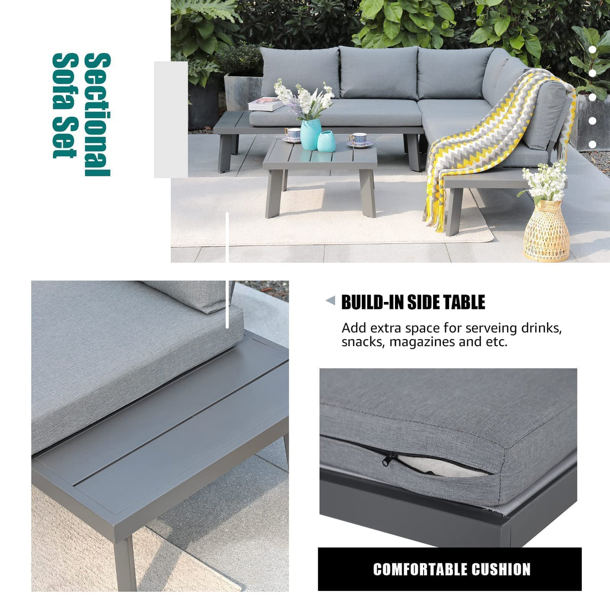 Soleil Jardin 4-Piece Outdoor Patio Furniture Set L-Shaped Aluminum Sectional Sofa with Coffee Table All-Weather Patio Conversation Set with Cushions, Dark-Grey Soleil Jardin
