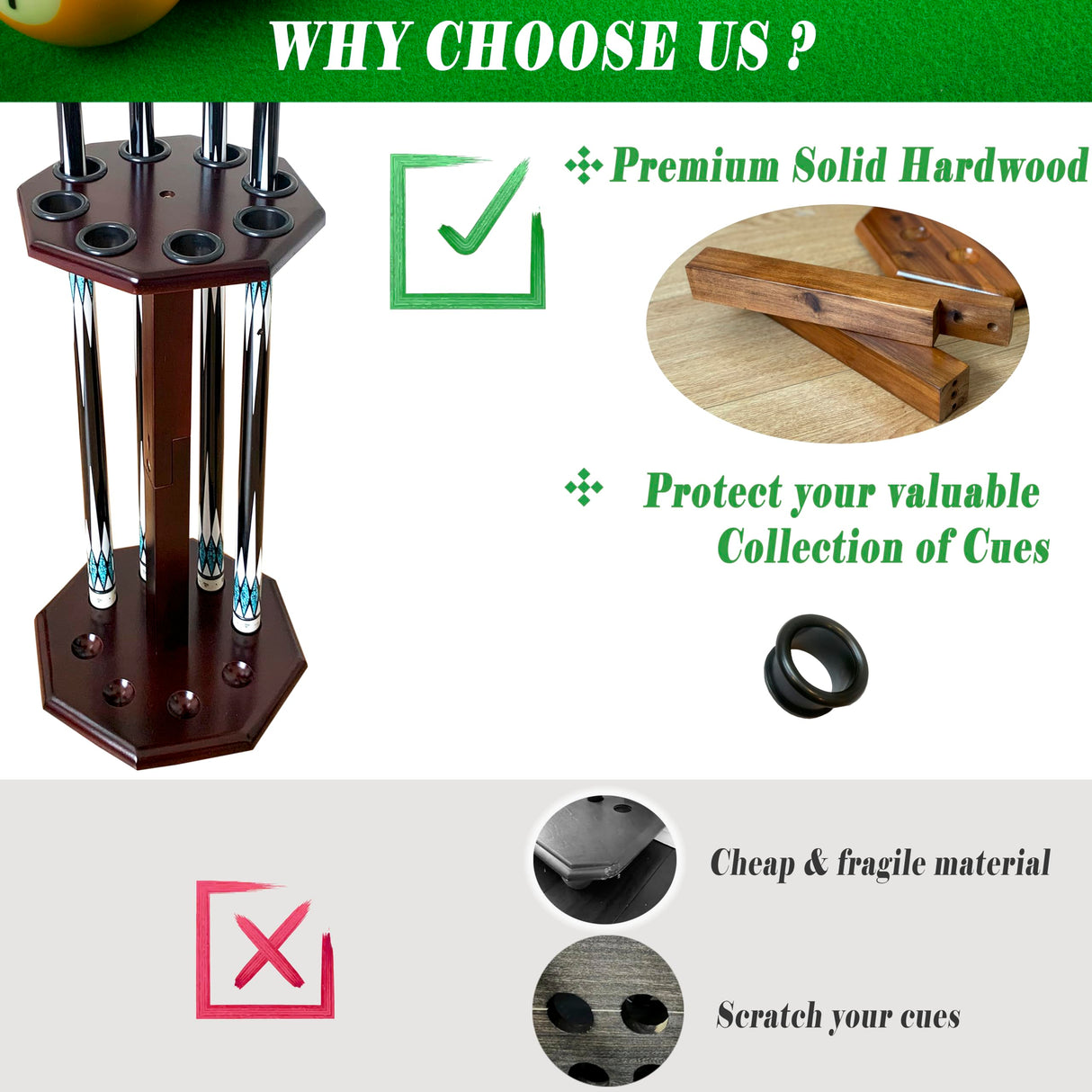 GACCO BILLIARDS Freestanding Billiard Cue Rack, Pool Table Accessories Hold 8 Cues, Pool Cue Stick Holder, Wooden Floor Stand Pool Cue Holder for Billiard Game Room (Mahogany) GACCO BILLIARDS