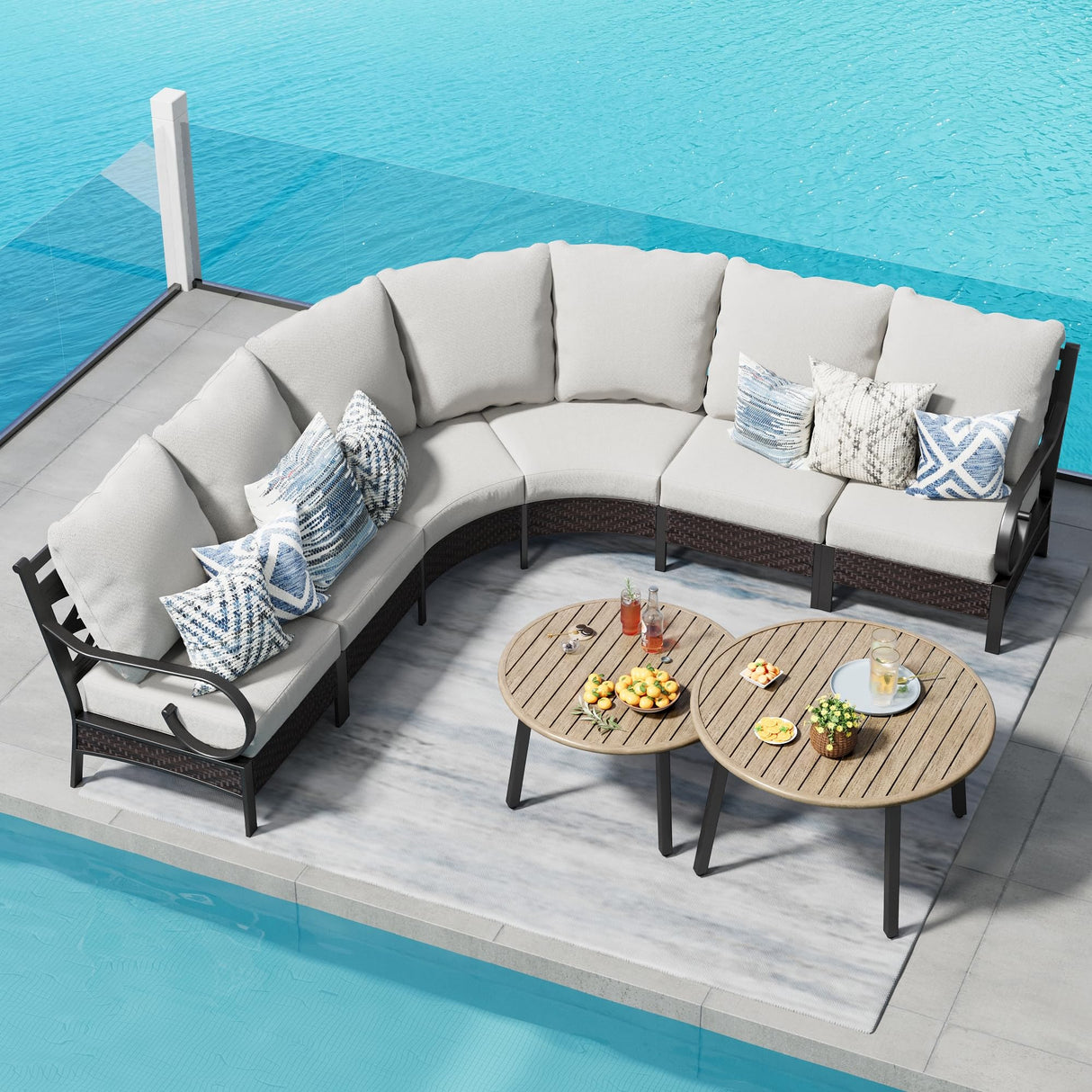 PHI VILLA Half-Moon Patio Furniture Set 8 Piece, Curved Outdoor Sectional Sofa Conversation Sets for 6 Persons with 2 Coffee Table for Garden, Poolside, Balcony, Backyard PHI VILLA