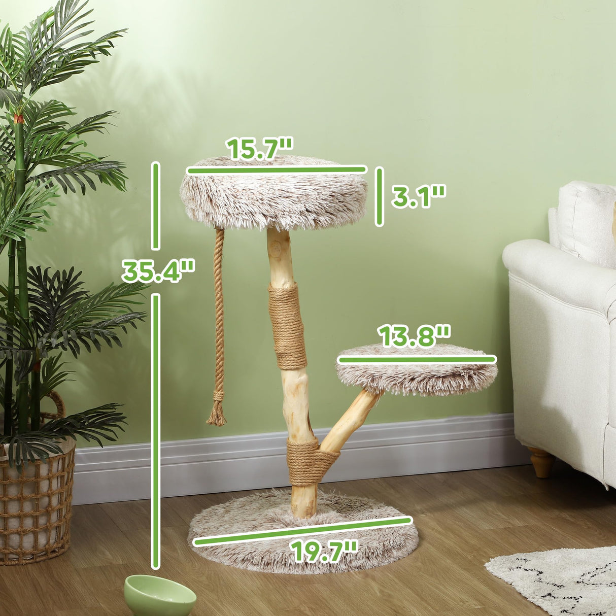 PawHut Cat Tree Tower, 35 Inch Modern Cat Tree for Indoor Adult Cats with Wooden Natural Branch Scratching Posts, Cat Bed & Rope Cat Toy, Brown PawHut