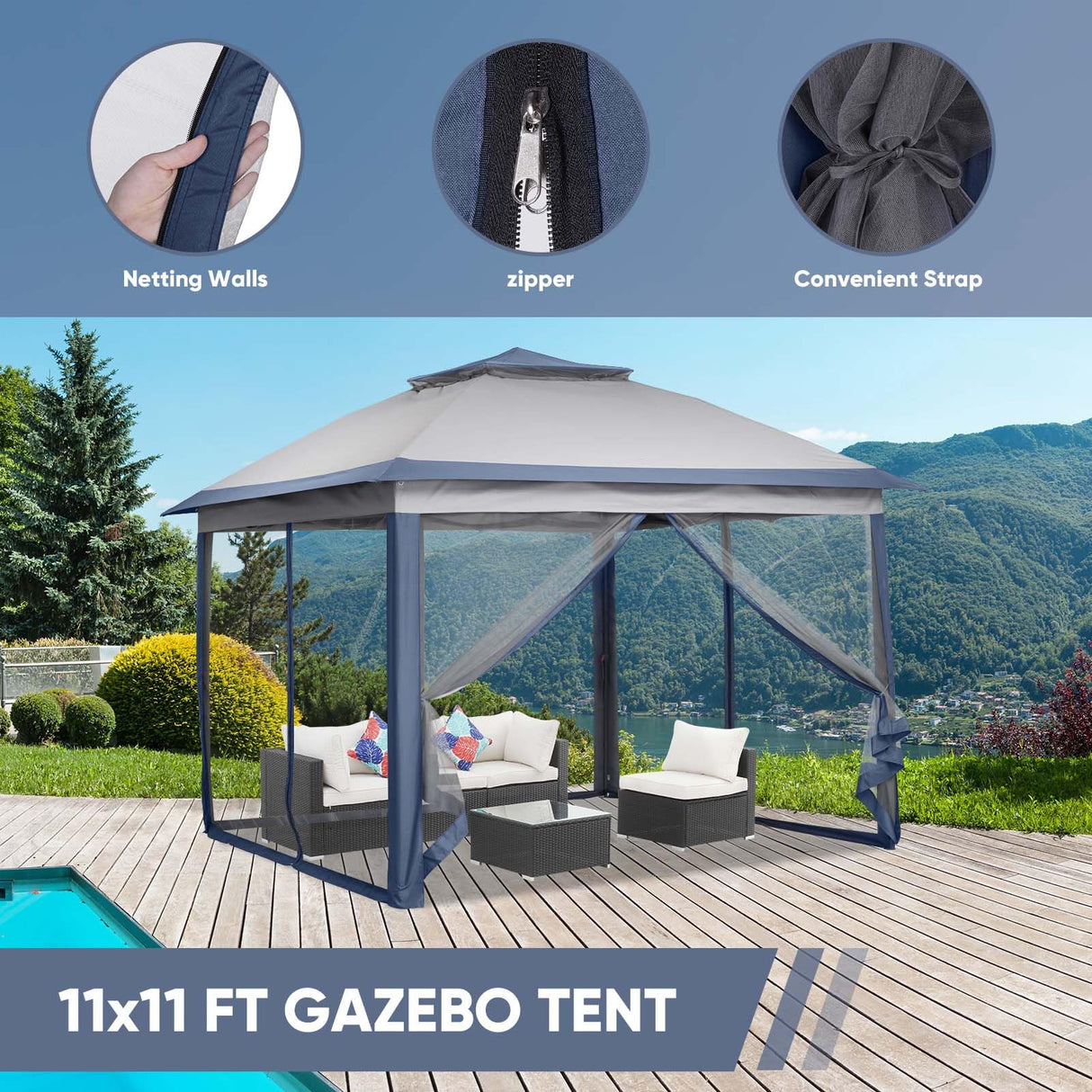 Wonlink 11x11 FT Gazebo Tent, Outdoor Tents for Parties with Mosquito Netting, Folding Heavy Duty Height Adjustable Canopy Tent for Patio Backyard Garden Wonlink