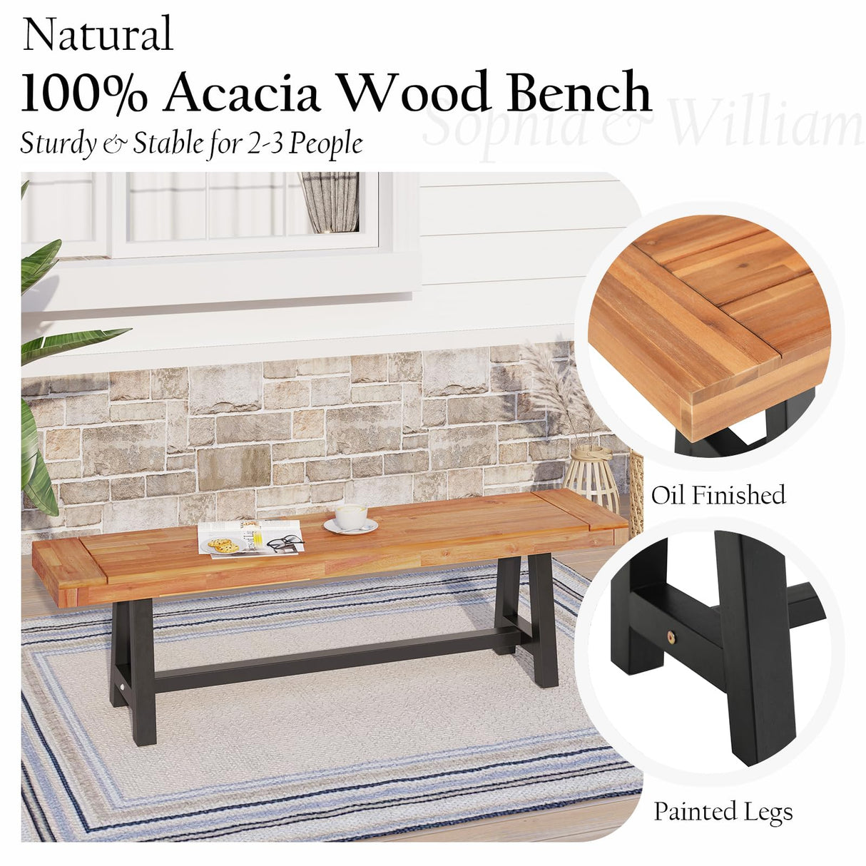 Sophia & William Outdoor Bench Garden Bench Wood 63", Patio Dining Bench Weatherproof, Wooden Park Front Porch Benches for Outside, Backless Acacia Wood Bench Long Narrow Clearance, 2 Pack, Teak Sophia & William