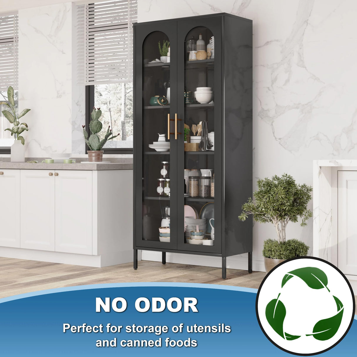 YILFANA 71" Tall Glass Display Case, Curio Cabinet with Adjustable Shelves, Metal Bookcase for Kitchen Pantry, Office, Bathroom - Black YILFANA