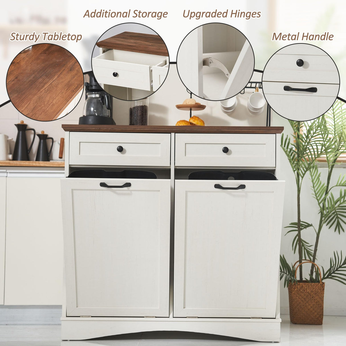 OUTGUAVA Double Tilt Out Trash Cabinet Kitchen Trash Bin Cabinet Recycling Trash Cabinet with Hideaway Drawers, 2x13 Gallons Pet Proof Trash Can Cabinet for Kitchen Living Room, Vintage White OUTGUAVA