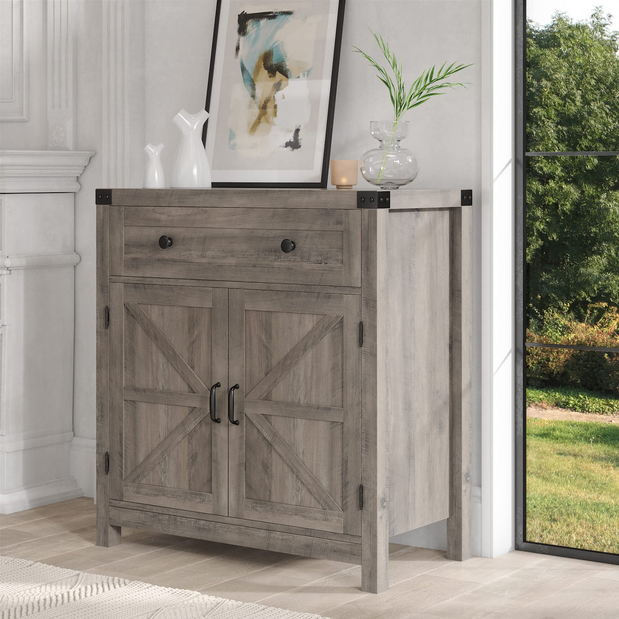 HOSTACK Coffee Bar Cabinet, Modern Farmhouse Buffet Sideboard with Drawer and Adjustable Shelf, Barn Door Storage Cabinet for Kitchen, Dining Room, Bathroom, Entryway, Ash Grey HOSTACK