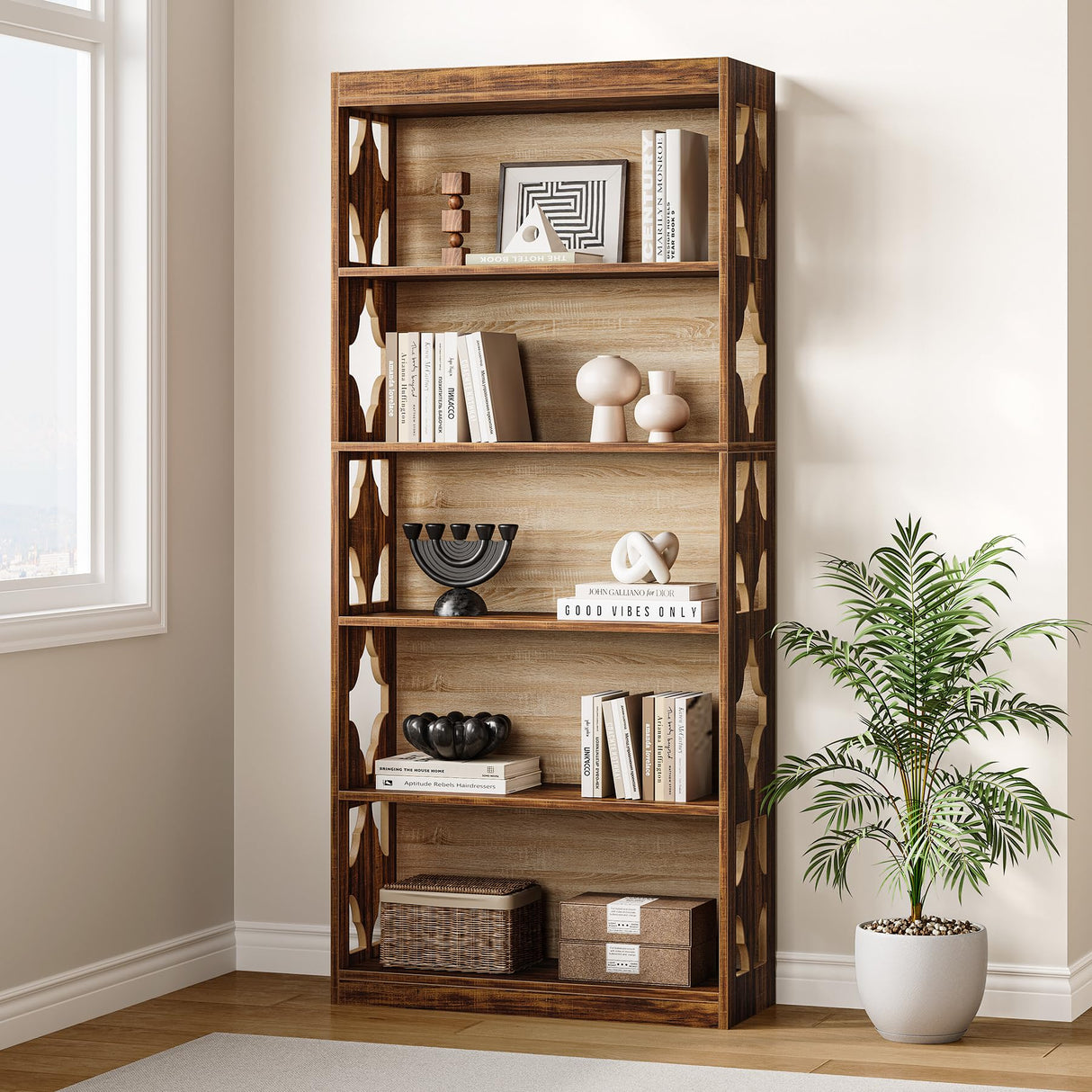 LITTLE TREE 69.9" Vintage Bookshelf, 5-Tier Tall Bookshelves, Cutout Design Vertical Bookcase, Freestanding Storage Display Shelf for Living Room, Bedroom, Study, Office, 1 Pack LITTLE TREE