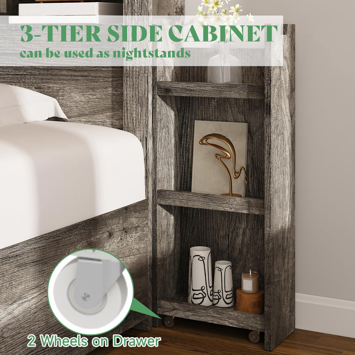 AMERLIFE King Size Bed Frame with 4 Storage Drawers, LED Bed Frame with 49“ Tall Bookcase Headboard, Wood Platform Bed with Charging Station & 2 Slide Bedside Shelf, No Box Spring Needed/Rustic Grey AMERLIFE