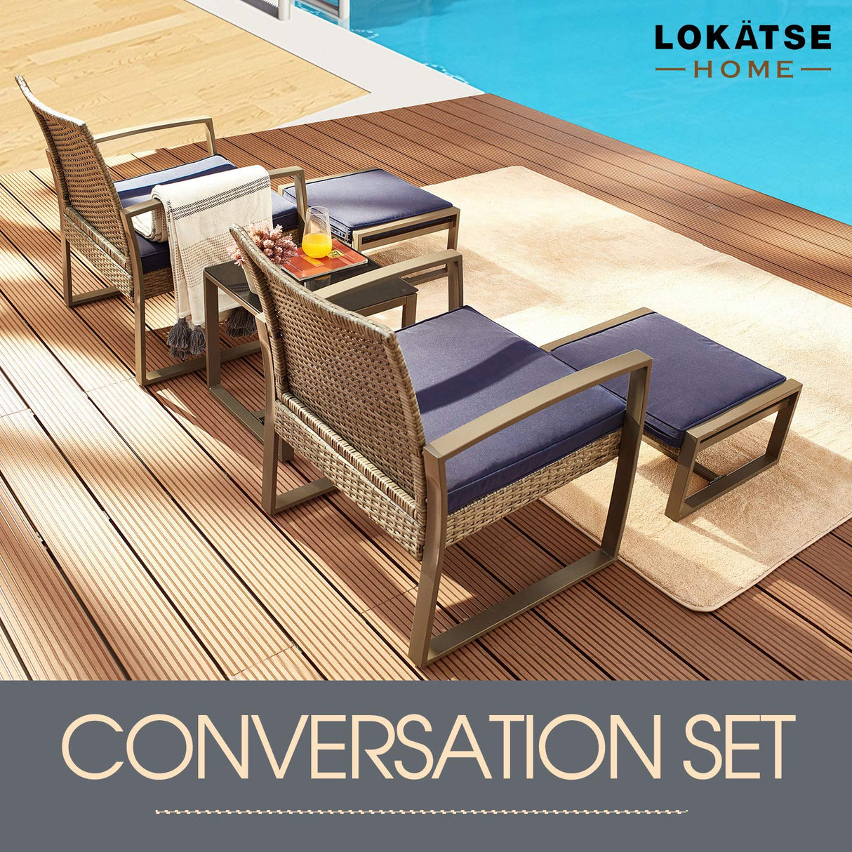 LOKATSE HOME 5-Piece Wicker Outdoor Conversation Set Patio Furniture PE Rattan All Weather Cushioned Chairs Balcony Porch with Ottoman and Glass Coffee Side Table, Blue LOKATSE HOME