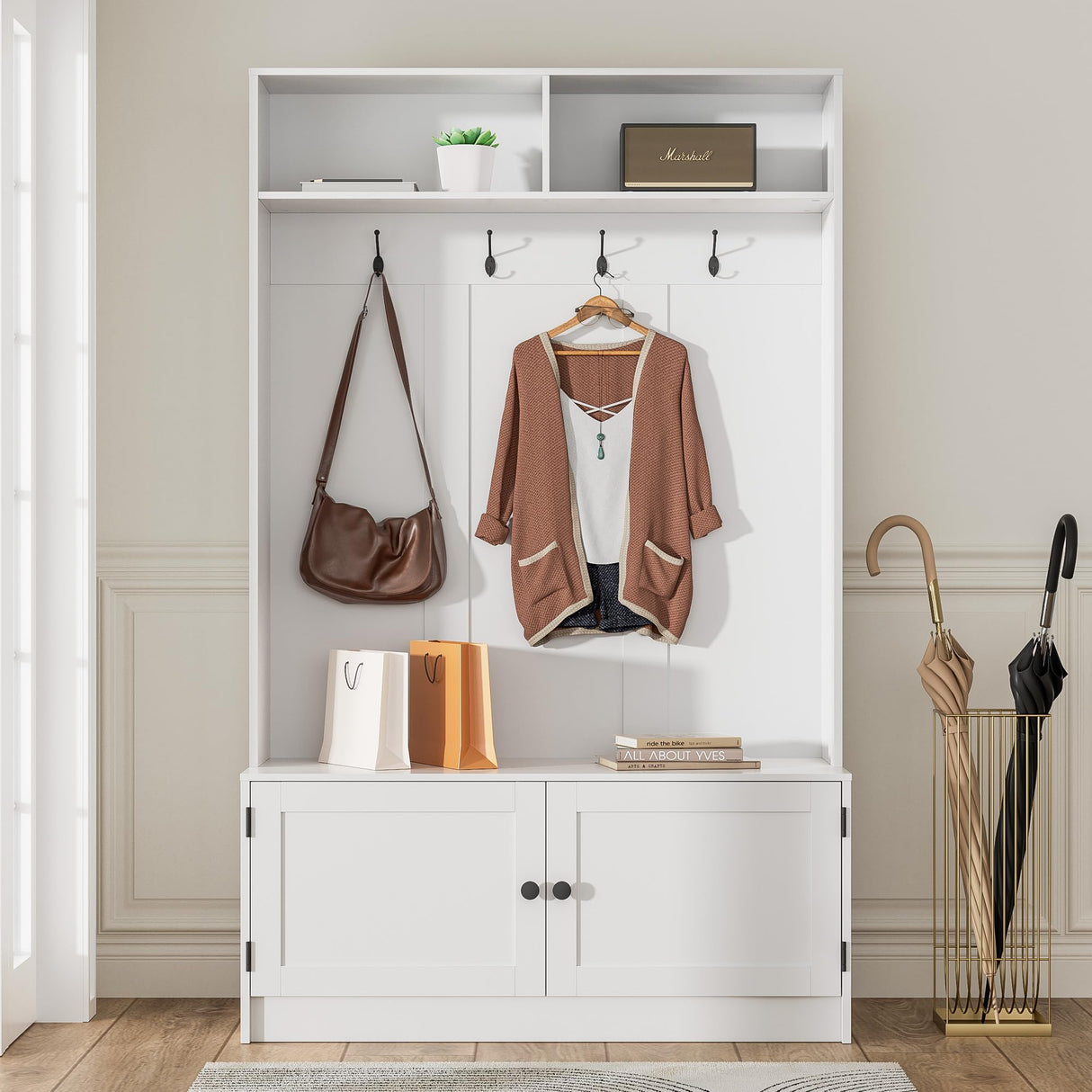 MHOM White Hall Tree with Storage Bench, 65" Tall Entryway Bench with Shoe Storage, Coat Rack and Top Shelf, Freestanding Wooden Hall Tree with Bench for Entryway, and Hallway MHOM