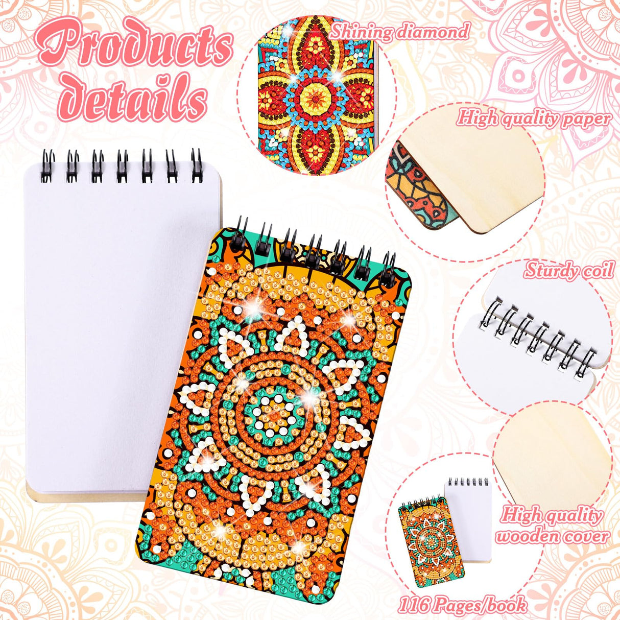 Fuyoooo 12 Pcs Mandala Diamond Painting Notebook DIY Mandala Cover Notebook Diamond Art Kits Notepad 5D Flower Diamond Journal Art Accessories for Adults Crafts Diamond Sketchbook with Tools Gift Fuyoooo
