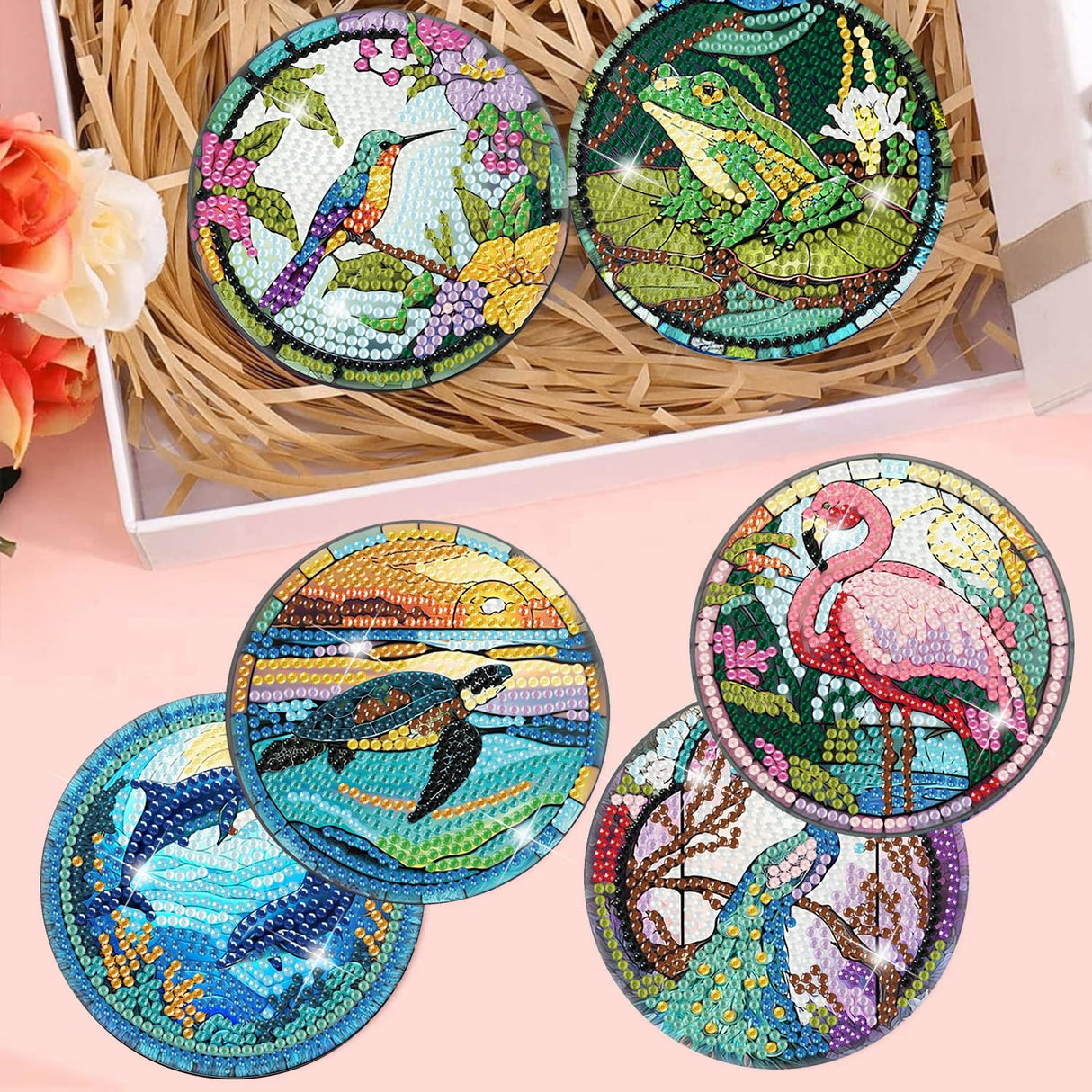 Meothan 8 Pcs Diamond Art Coasters Kits for Adults with Holder Cork Pads, Diamond Dots Art Painting Coasters Crafts Kit for Home Office Decor (Different Animals) Meothan